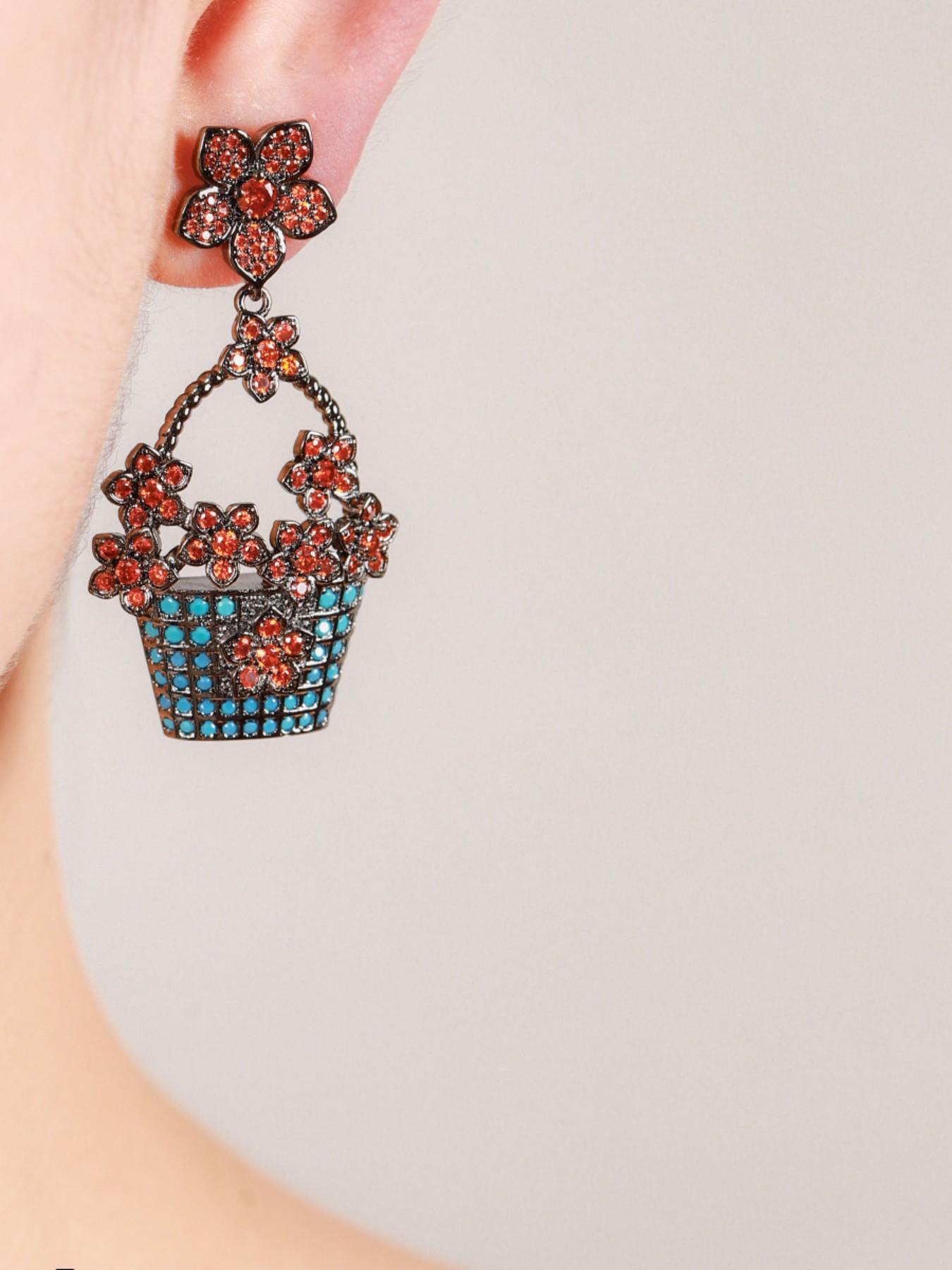 QY Elegant Floral Basket Earrings, Silver Color Dangle Earrings, Large Size with Sparkling Cubic Zircon, Perfect for Formal Events, Women's Jewelry Perfect Gift