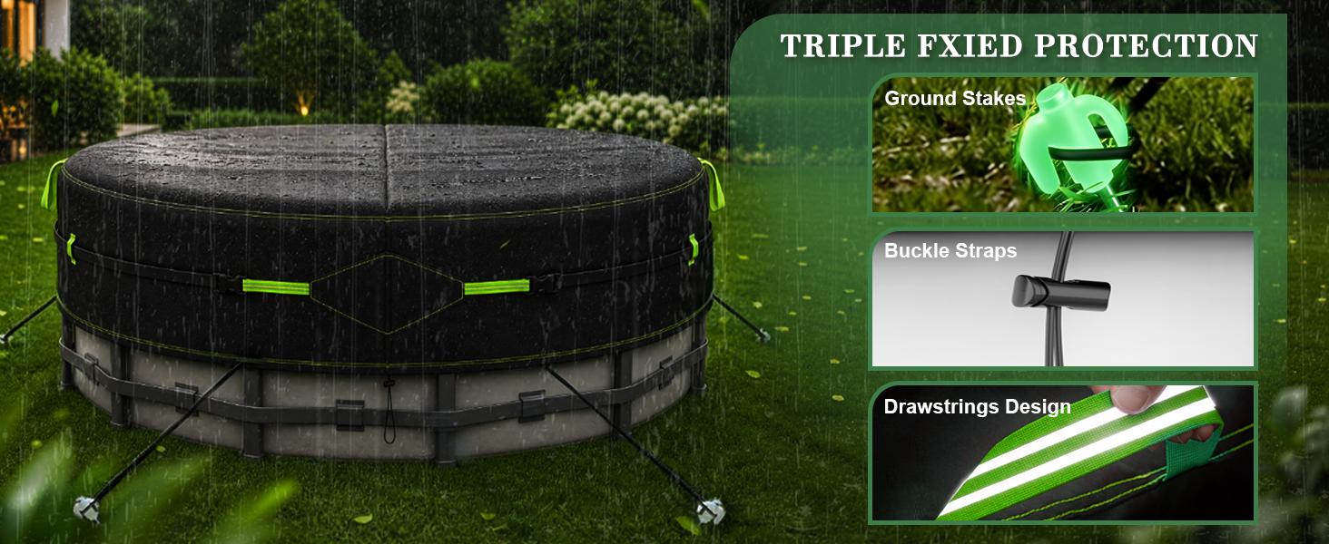10Ft Round Pool Cover for Above Ground Pools, Safety Solar Pool Covers with Reflective Strips, Rope and Luminous Nails, Upgraded Thicker Oxford, PU Tarp Snug, UV Protected, Windproof, Tear Resistant