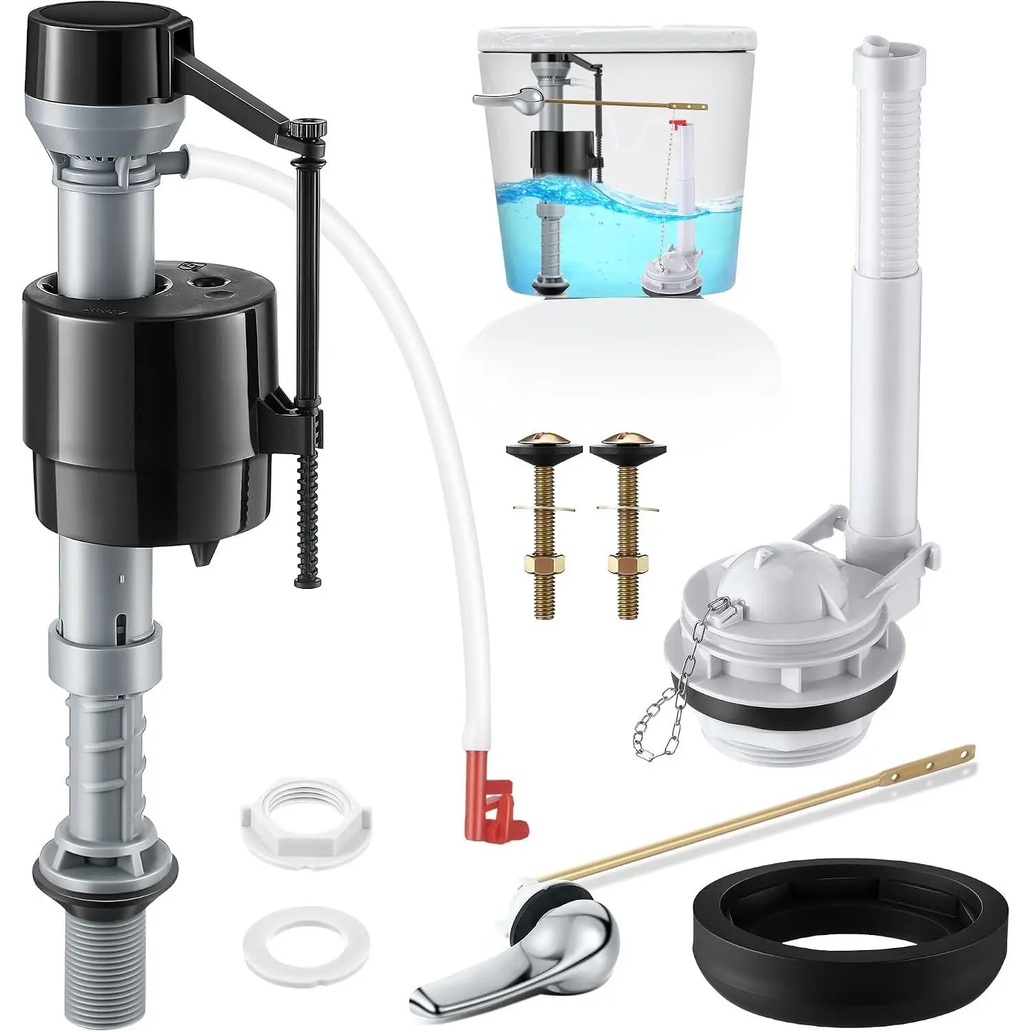 3 Inch Toilet Flusher Replacement Kit, Include 3 Inch Adjustable Flush Valve with Flapper, Fill Valve, Front Flush Handle, Rubber Gasket, Bolts, Complete Toilet Parts Inside Tank Kit(1 Pack)