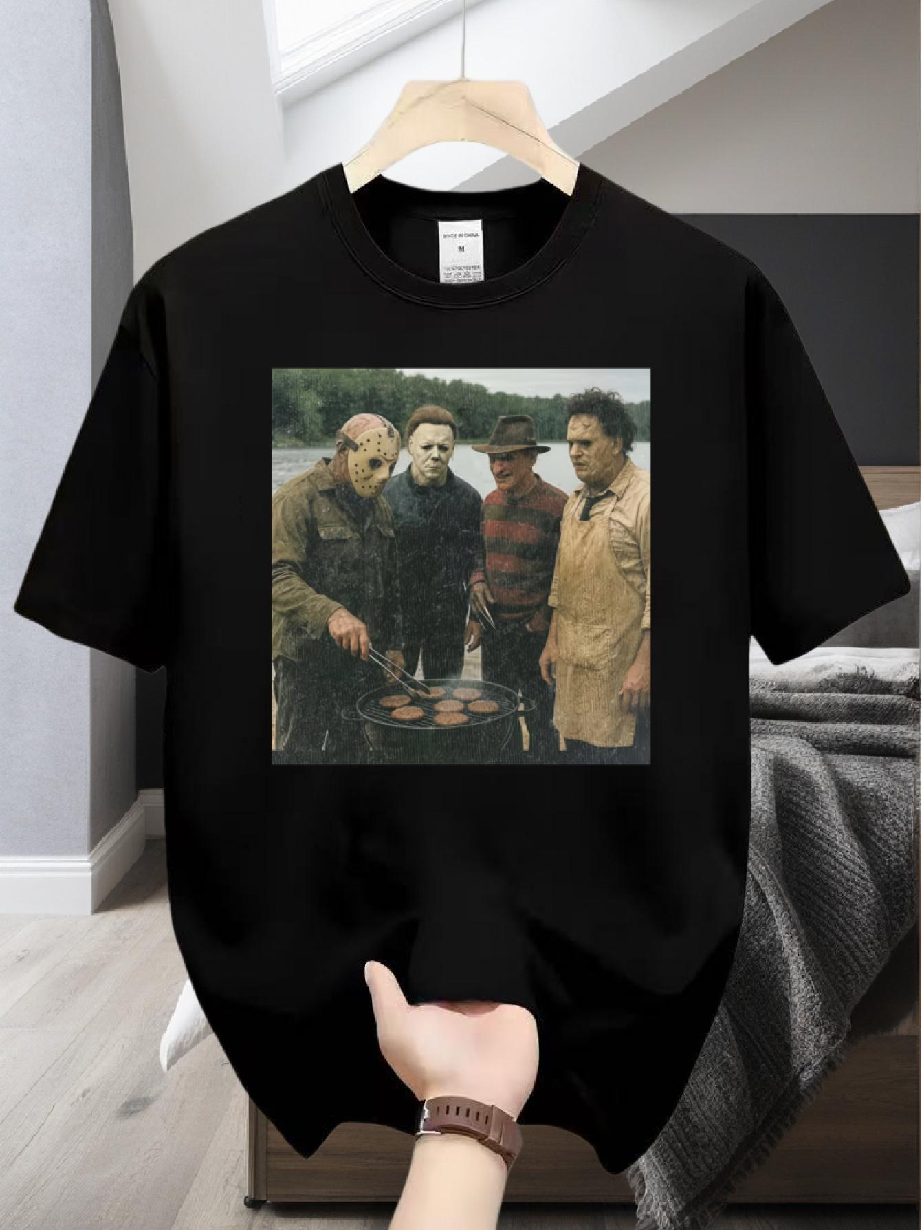 Jason Freddy Horror Movie Character Barbecue Motif Unisex Regular Shortsleeve Apparel T-Shirt Top for Fans - Polyester Knitted Fabric Casual Wear, Graphic Print, Funny, Machine Wash