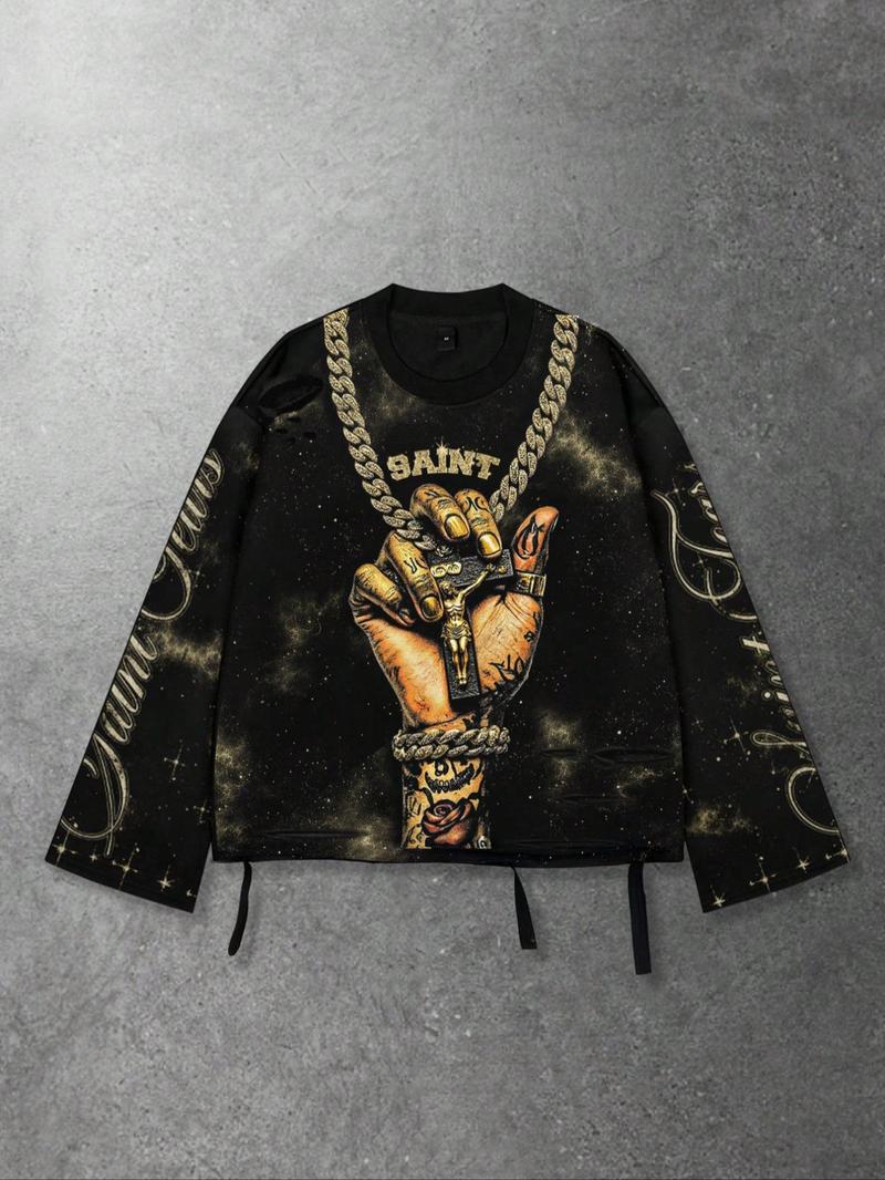 Men's Vintage Street Style Saint Print Long Sleeve Round Neck T-Shirt, Loose-Fitting Short Fit, Fall 2000s Fashion