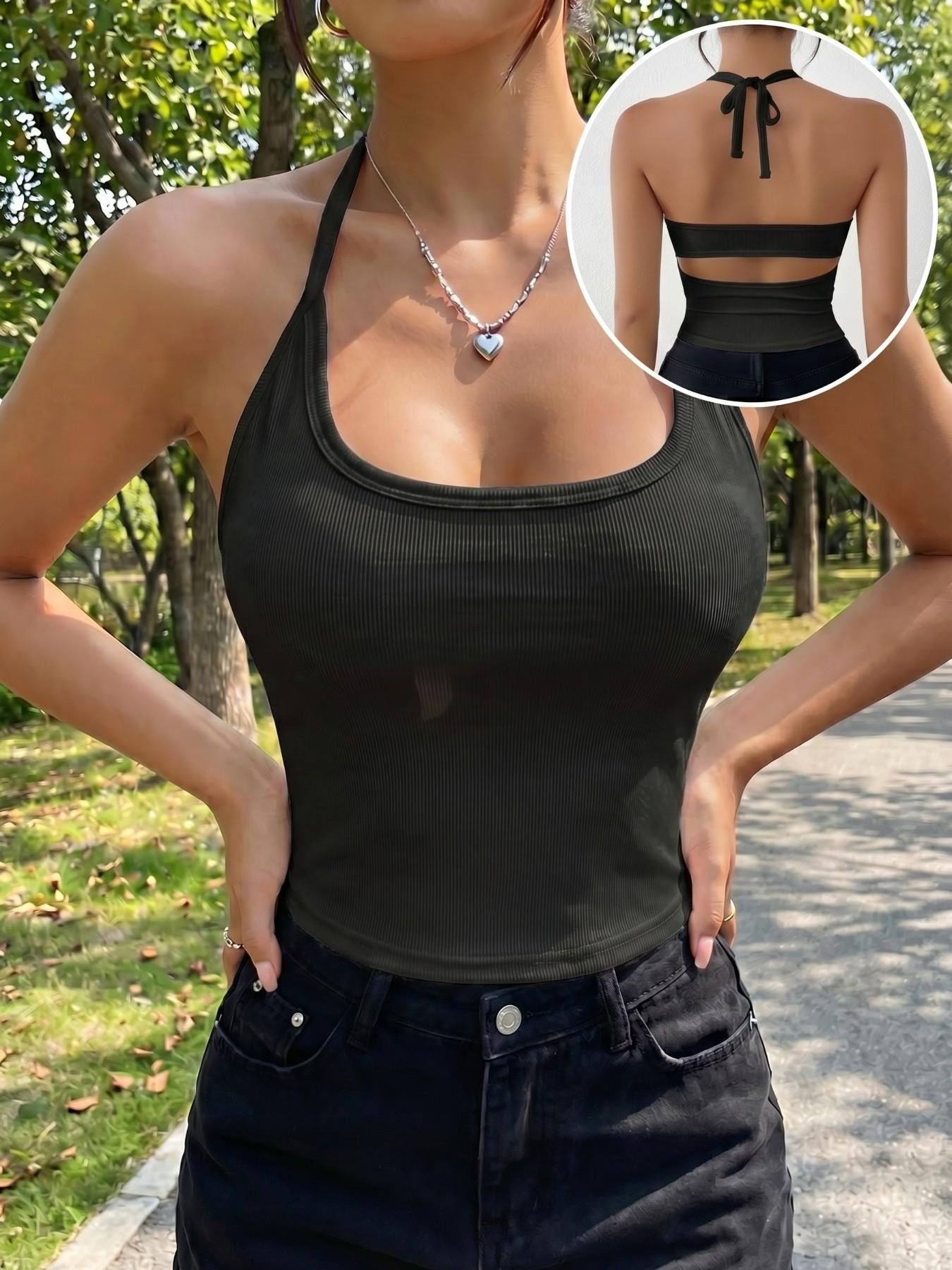 Women's Halter Neck Backless Crop Top, Tie-Up Back Ribbed Camisole, Slim Fit Sleeveless Tank for Summer, Streetwear & Date