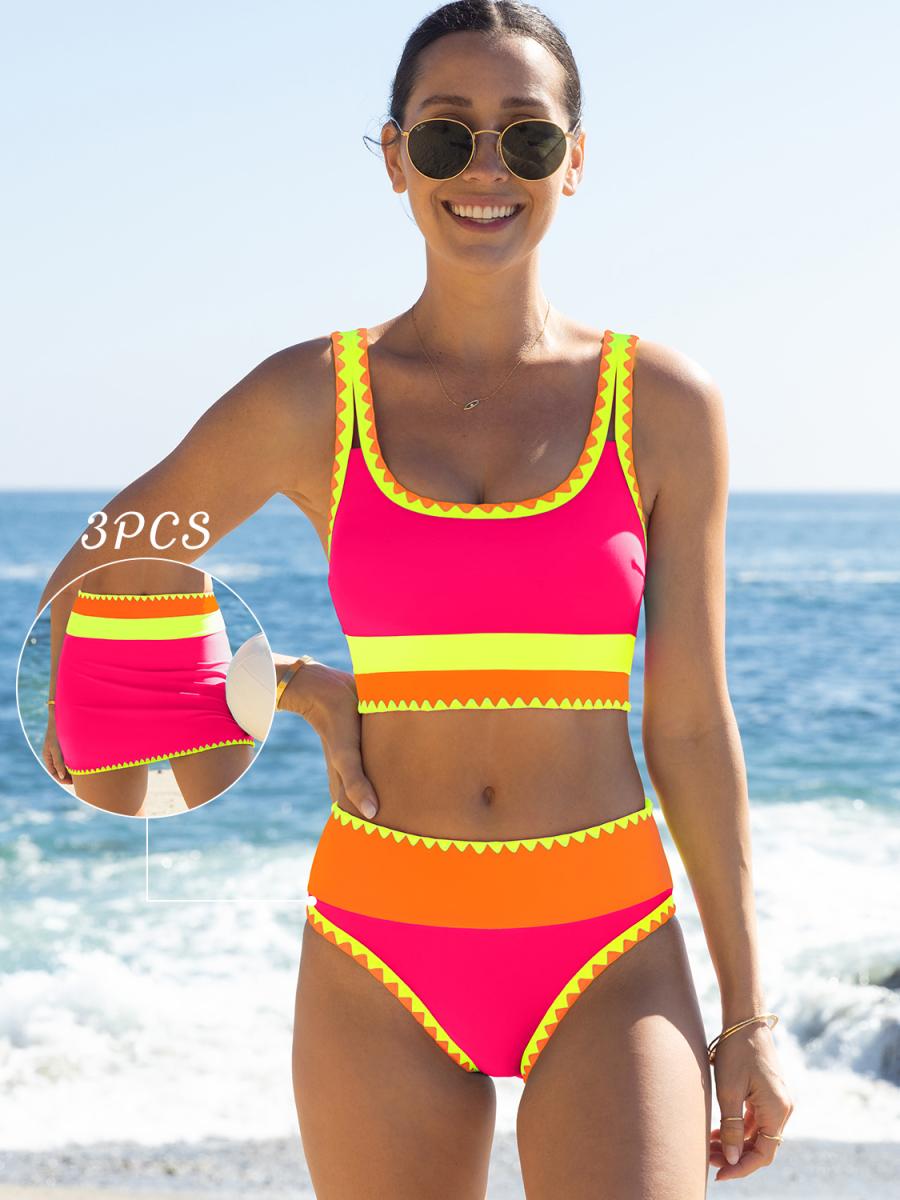 Popvil Beachball Kayaking 3 Piece Bikini Sets,Tummy Control & High Waisted Swimsuit with Adjustable Wide Shoulder Straps, Neon Color Sporty Swimsuit