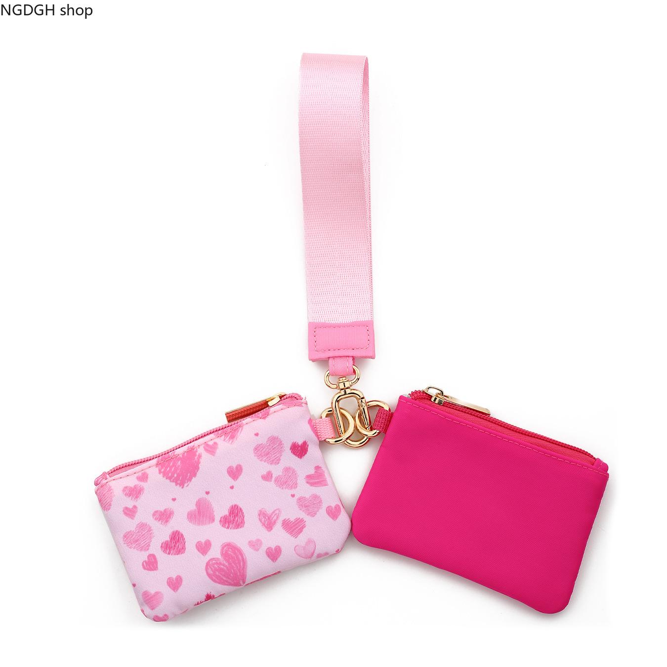 Women's Minimalist Cotton Double Zip Mini Key Pouch Clutch - Wrist Strap, Floral Heart Plaid Print, Compact Nylon Accessory Bag for Everyday Small Essentials, Keychain Pendant
