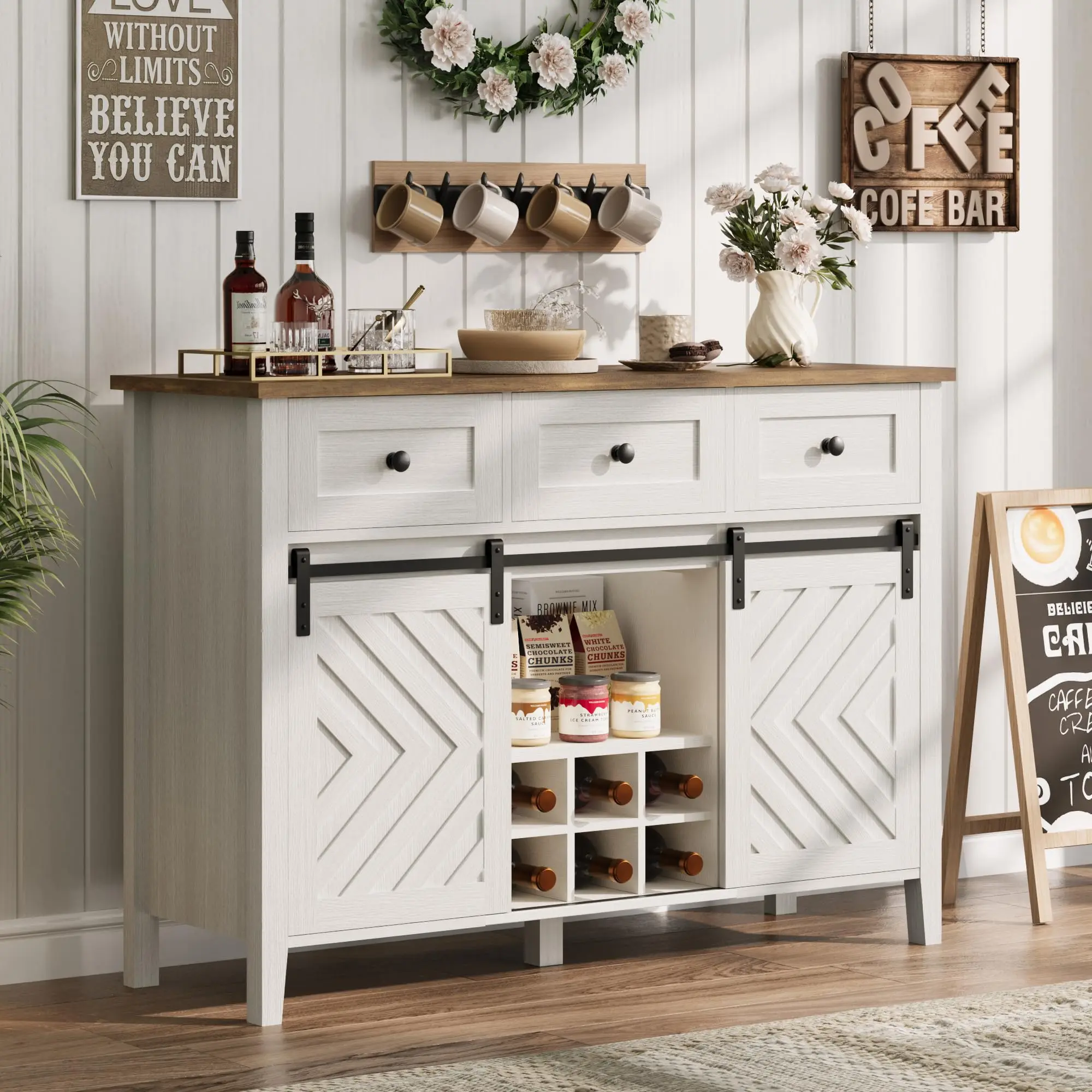Farmhouse Buffet Cabinet with Sliding Barn Door - Rustic White & Brown Sideboard - 3 Drawers, Adjustable Shelf, Removable Wine Rack - Flexible Storage for Dining, Kitchen, or Living Room