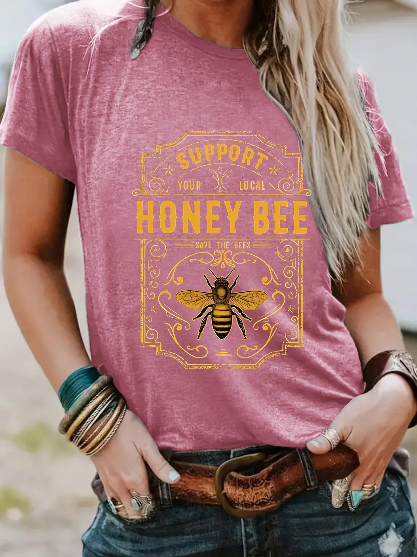 Women's Honey Bee Print Round Neck Graphic Tee, Vintage Trendy Casual Fitted Short Sleeve T-shirt for Daily Wear, Ladies Summer Outfit