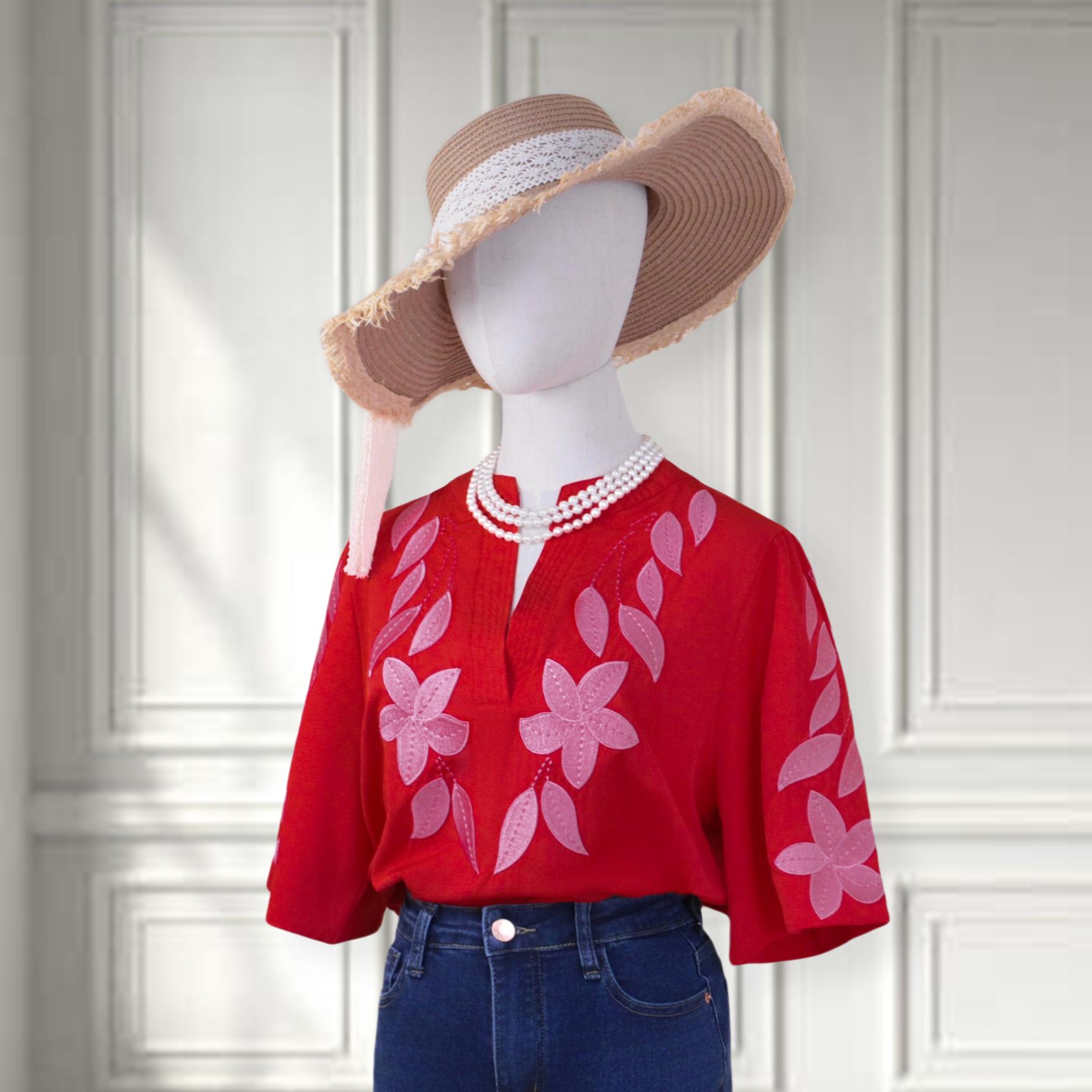 SageVell 100% Cotton Timeless Red/Green Embroidered Blouse with Floral Details - Perfect for Casual Outings, Weekends & Summer Women Style Effortless Wear for Teachers Moms Top SpringStatements