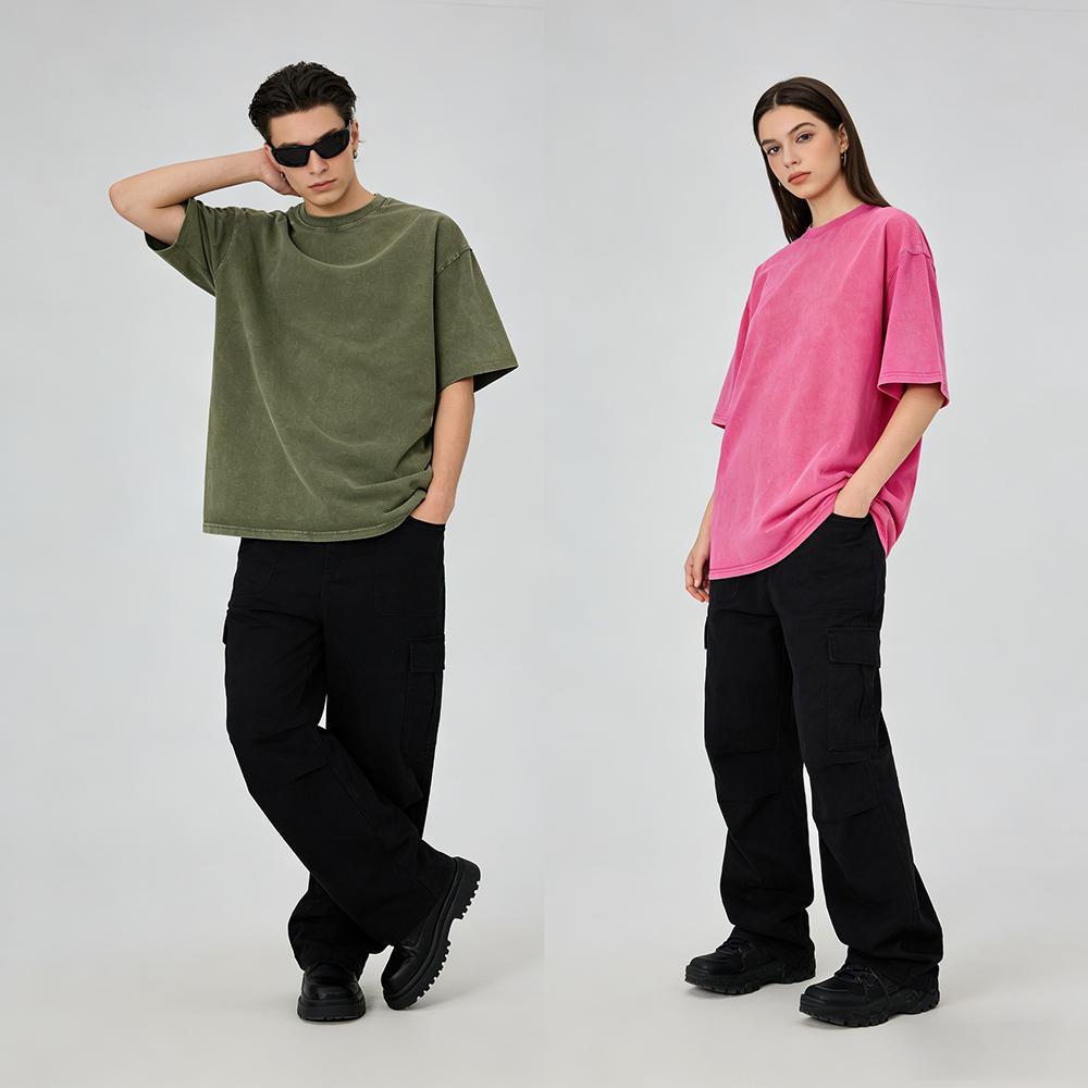Heavyweight 100% Cotton Crew Neck T-Shirts 1/3 Pack, Unisex Short Sleeve Vintage Acid Washed Basic Tees, Casual Streetwear Summer Tops