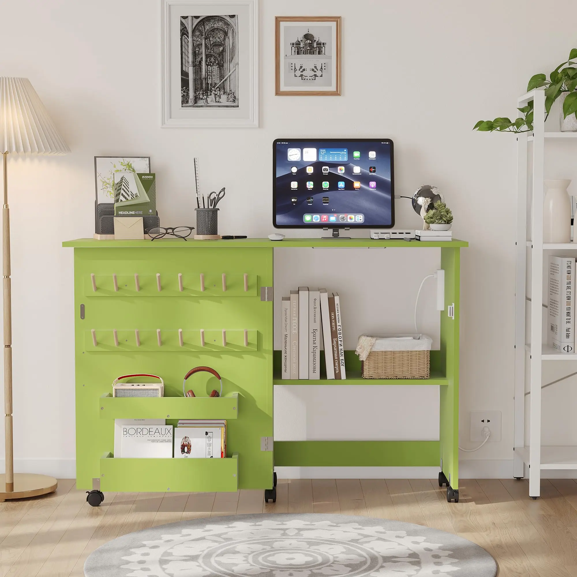 Foldable Sewing Table with Lockable Wheels Featuring Integrated Charging Station and Ample Storage for Efficient Crafting and Organization