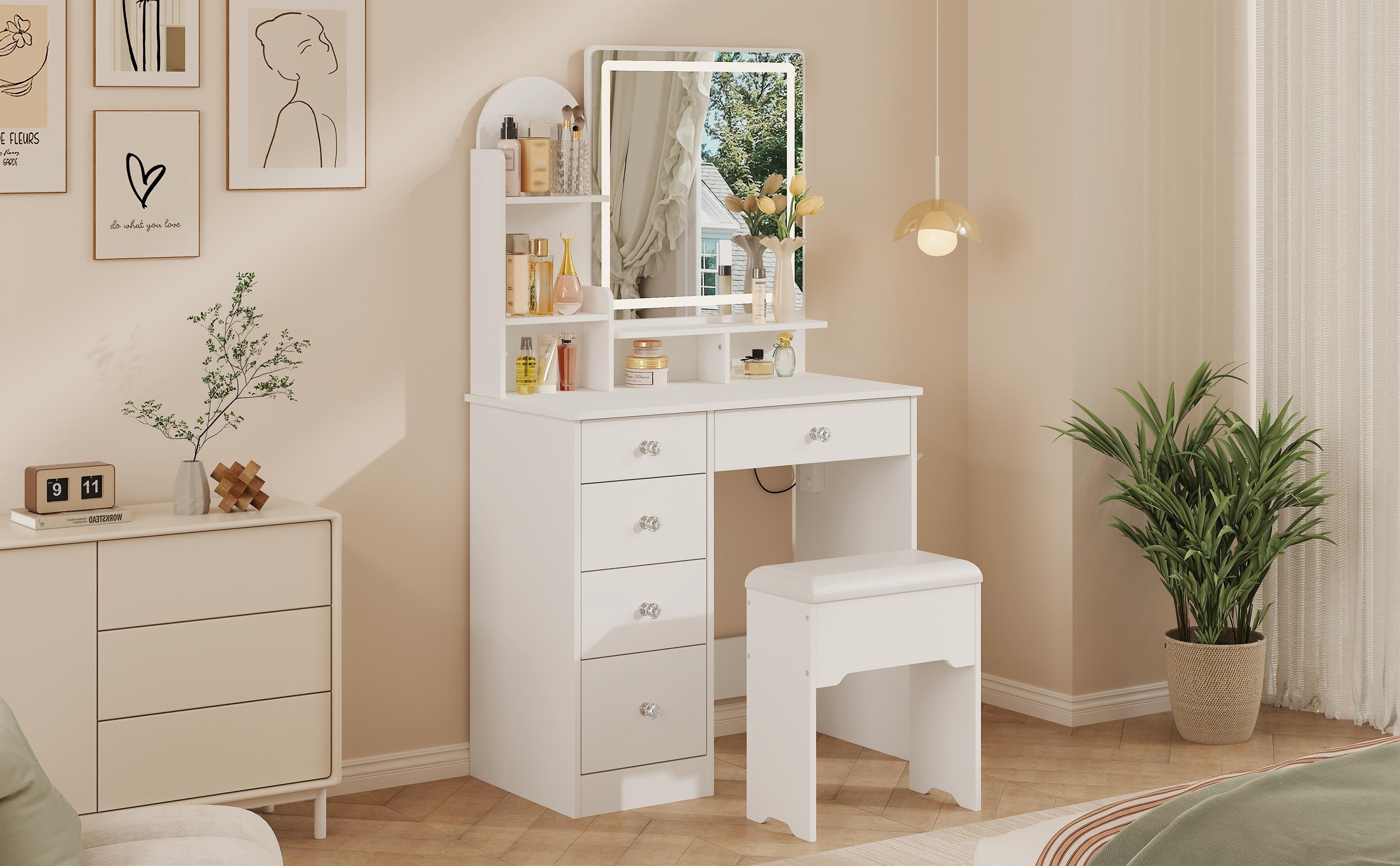 LIKIMIO Vanity Desk with Mirror & LED Light, Makeup Vanity Table with 5 Drawers, Power Outlet, and Vanity Stool, 3 Lighting Colors, Dressing Table for Bedroom