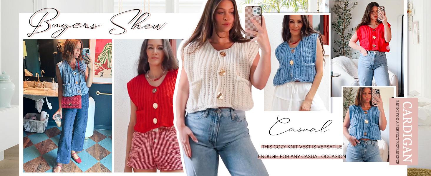 Tanming Womens Crochet Chunky Knit Top Sleeveless Button Down Crop Tops Trendy Cardigan Sweater Vest for Women with Pockets