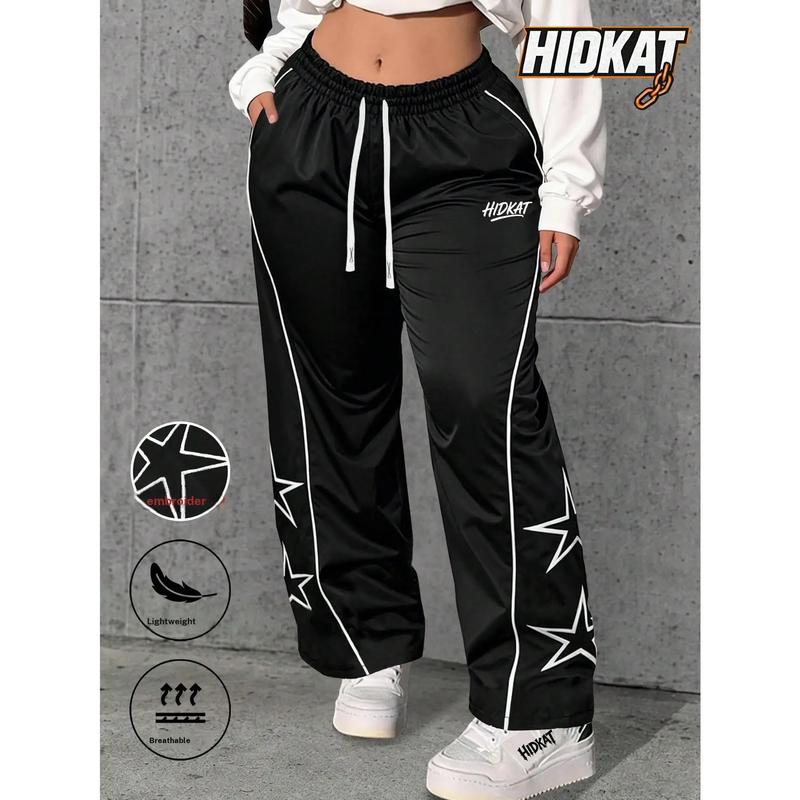 Hidkat Women's Female Loose Fit Athletic Graphic All-Over Print Y2K Streetwear Joggers - Wide Leg Pants with Star Print, Line Design, Letter Pattern or Solid Color, for Spring Summer Outdoor Sports & Daily Wear