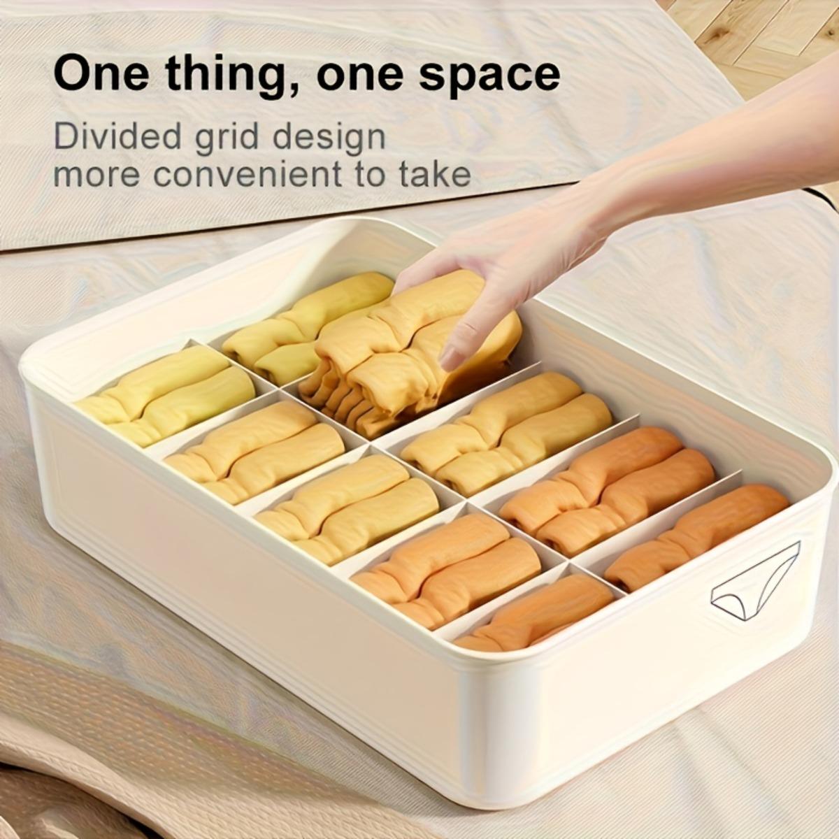 3-Section Underwear and Socks Organizer Box, Covered Closet Drawer Storage Container for Bras, Underwear, Socks and Shorts, Stackable Space-Saving Wardrobe Organizer for Dorm Room and Home