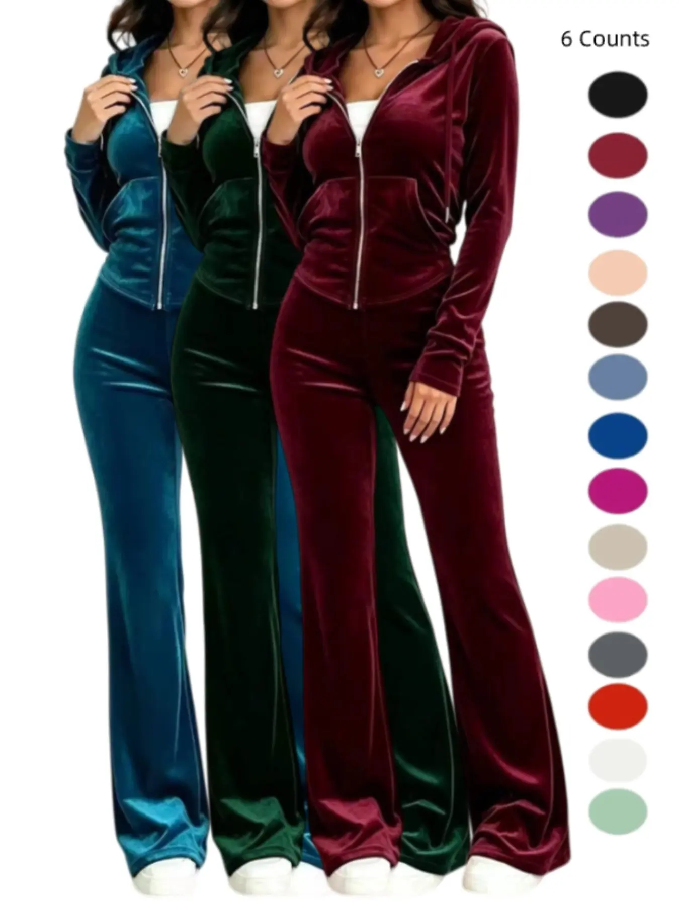Women 2/6 Pack Full Zip Hooded Jacket and Flare Pants 2 Piece Outfit Set, Long Sleeve Casual Sporty Tracksuit Loungewear Multipack