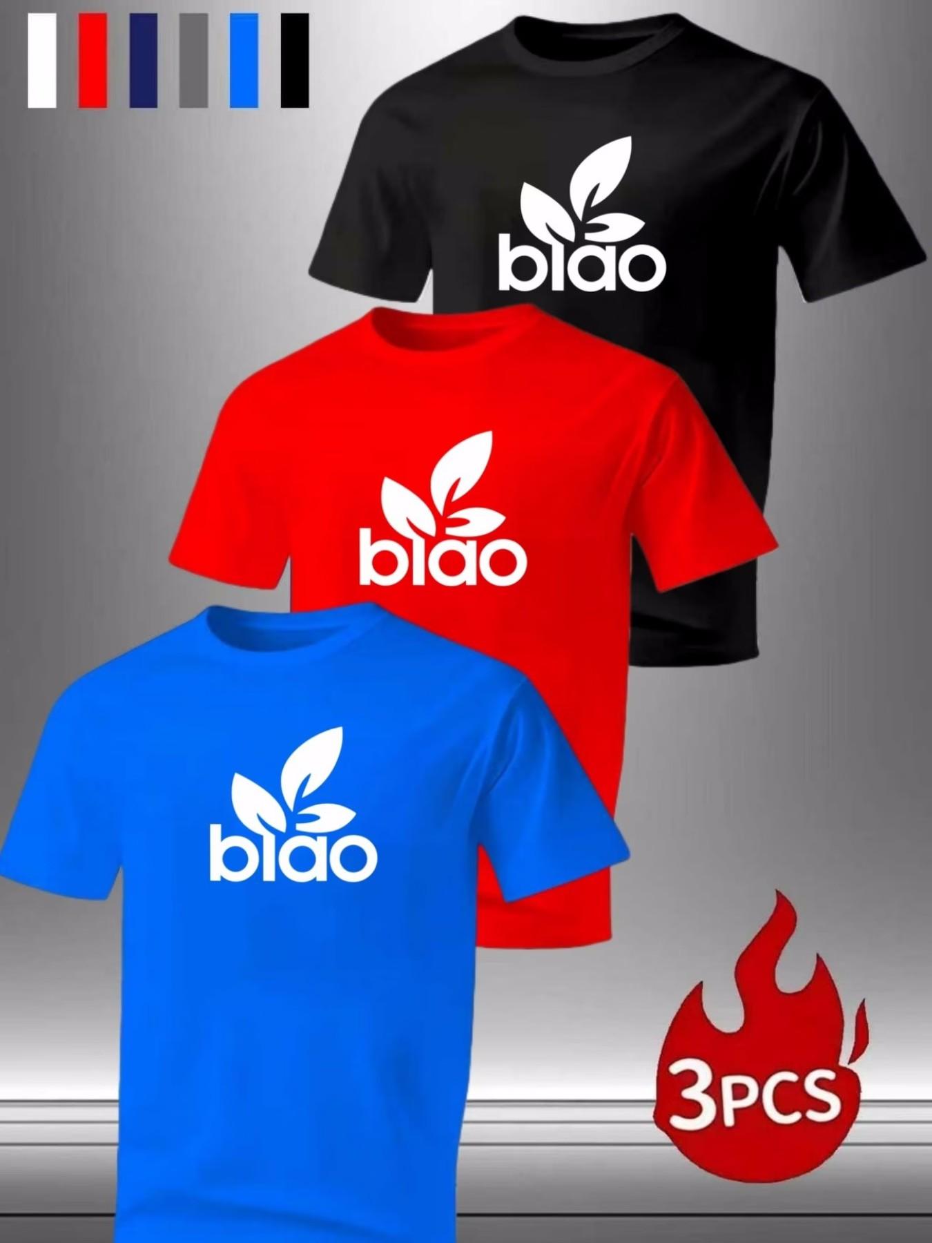 3-Pack Men's "biao" Leaf Logo Crewneck T-Shirts, Casual Short Sleeve Tops for Everyday & Streetwear