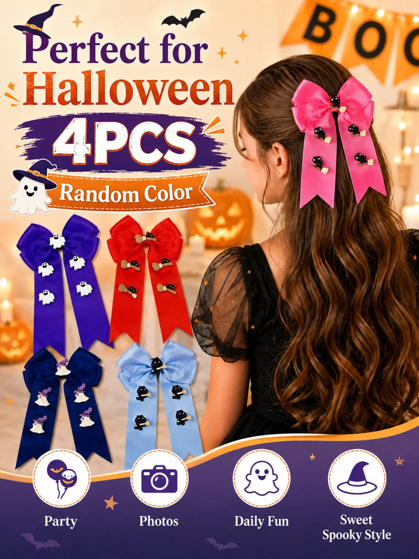 4pcs Halloween Ribbon Bow Hair Clips, Cute Ghost Pumpkin Black Cat Long Tassel Bow Barrettes, Random Color & Style Girls Cosplay Party Hair Accessories