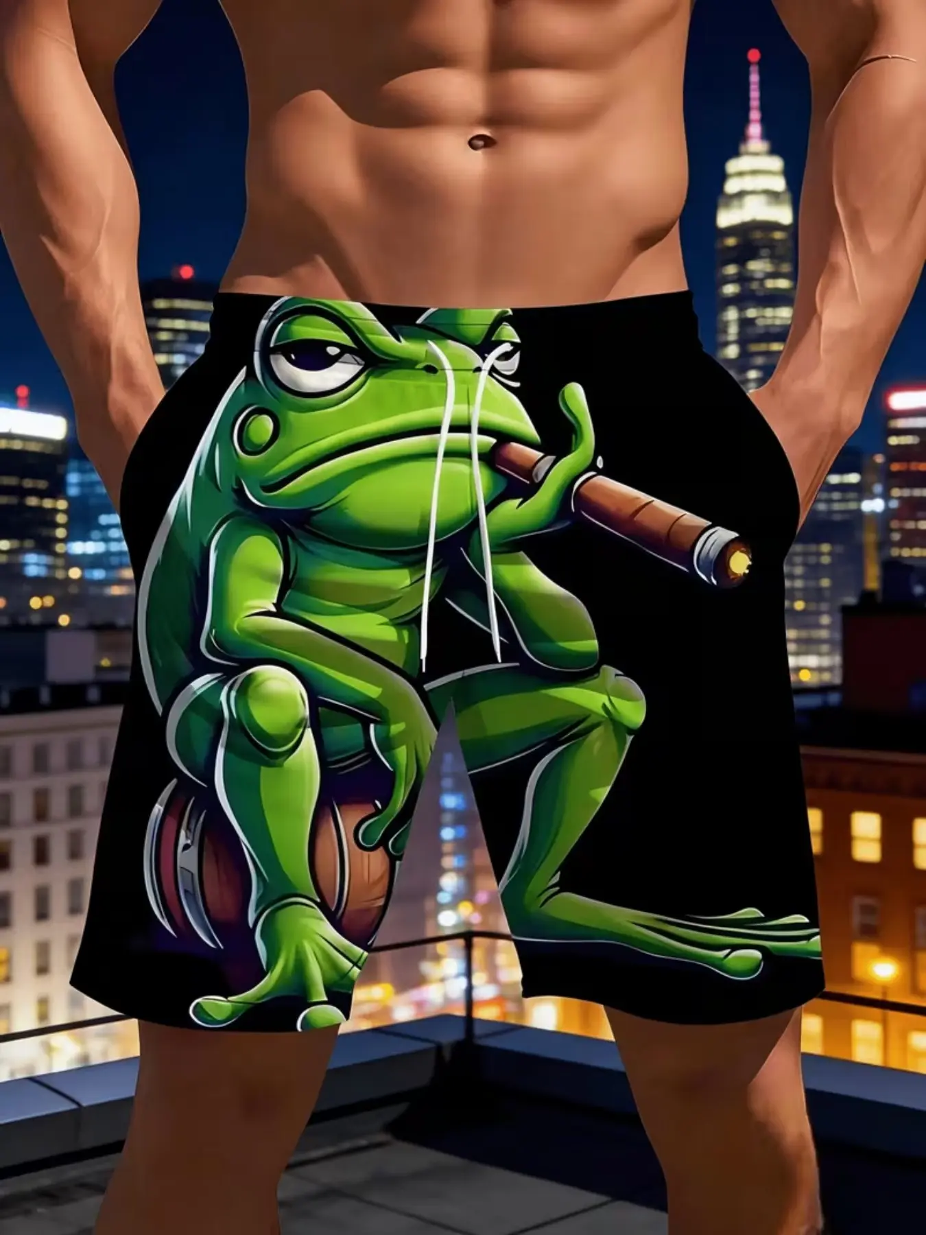 Men's Digital Print Beach Shorts, Quick-Dry Frog Pattern Swim Trunks, Drawstring Waist, Surfing Shorts for Vacation, Comfortable Adult Swimwear