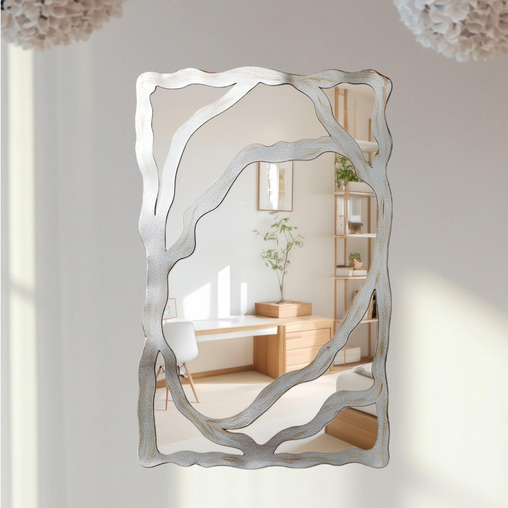 1pc, Modern classic silver rectangular shaped wall mirror decoration, made of acrylic material, non perforated self-adhesive wall mirror - irregular asymmetric shape, suitable for bedroom, foyer, bathroom, and home decoration, Home Decorative Mirror