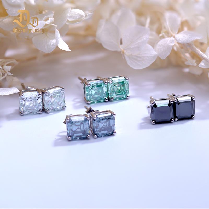 Delzzad Asscher Cut Synthetic Moissanite Prong Stud Earrings S925 Studs Christmas Gift For Men Women