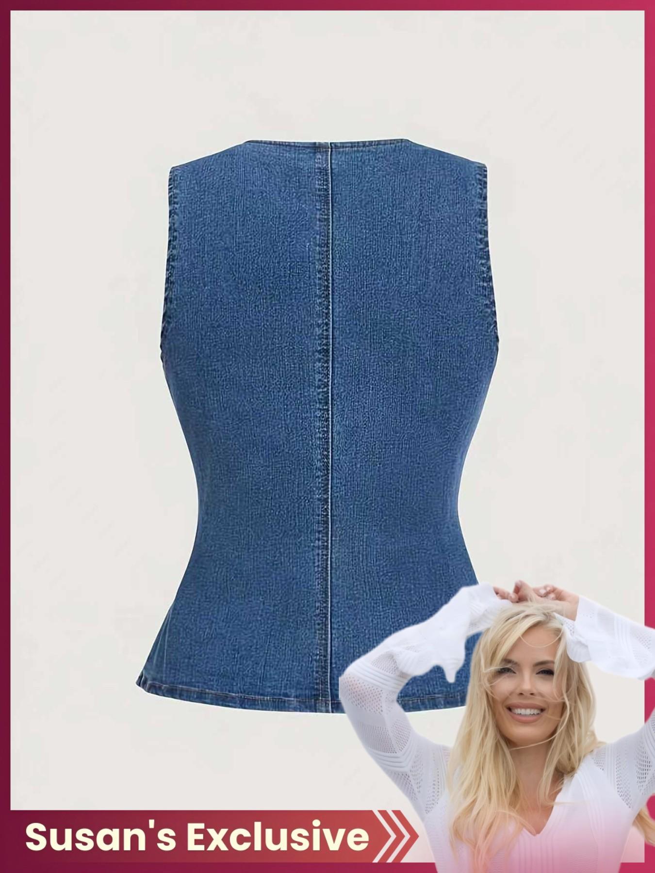 【Susan's Exclusive】Elegant Slim-Fit Sleeveless Denim Jacket for Women, High Stretch Fabric, Casual All Seasons Wear, Unique Stylish Design