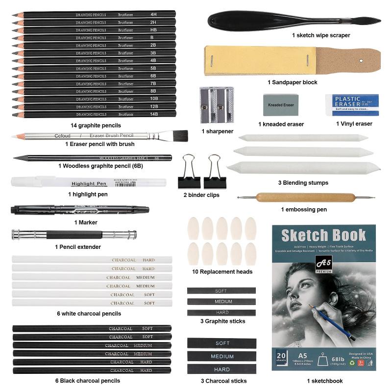 60Pcs Sketching Pencil Set with A5 Sketchbook, Includes Graphite & Charcoal Pencils, Blending Stumps, Erasers, and More - Professional Art Supplies for Adults, Ideal for Sketching & Shading, Art Drawing Supplies