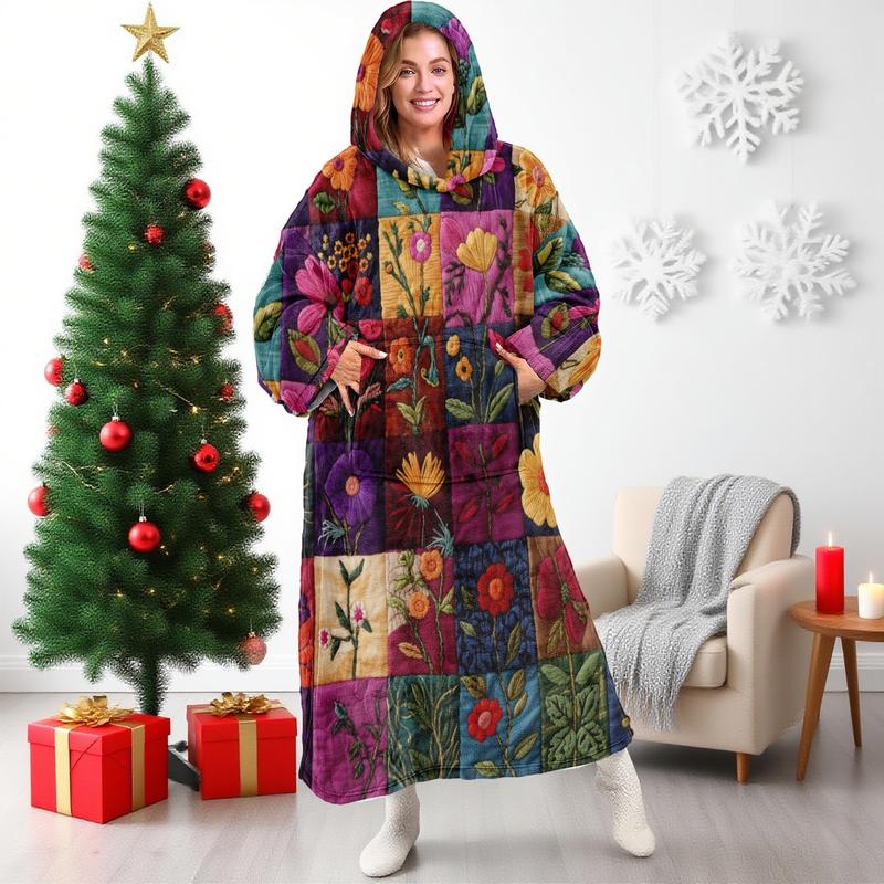 hoodie blanket, Wearable Blanket、Soft Flannel Blanket with Digital Print, Printed Blanket, Wearable Hooded Throw, Plant Floral Pattern, Warm and Cozy, Perfect for Sofa, Home, Office, Camping、Christmas Gift,Valentine's Day gift