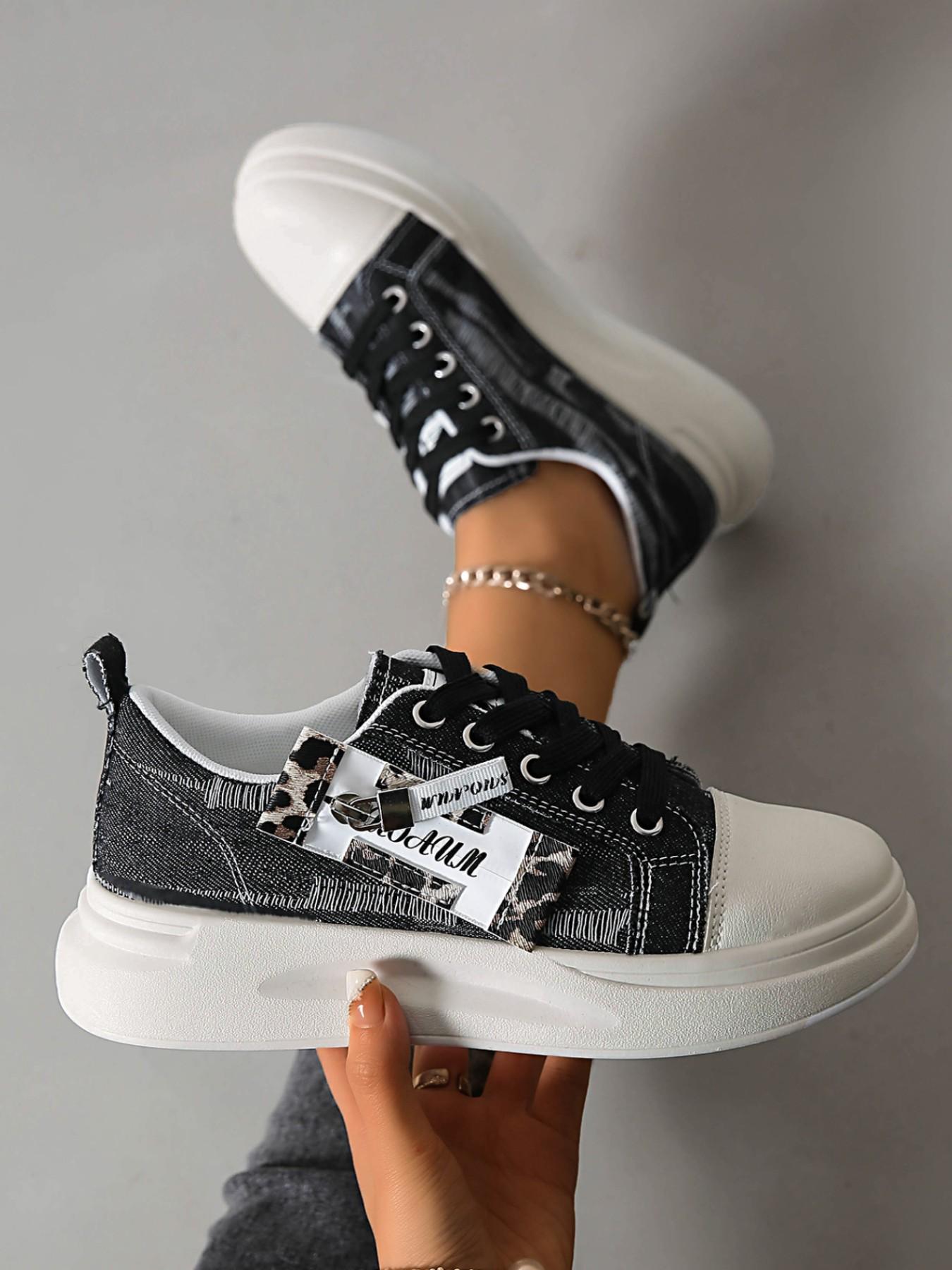 Vintage Denim Thick Sole Sneakers, Trainer, Leopard Print Zipper Decor, Casual Height-Boosting Women's Shoes, Perfect for Students