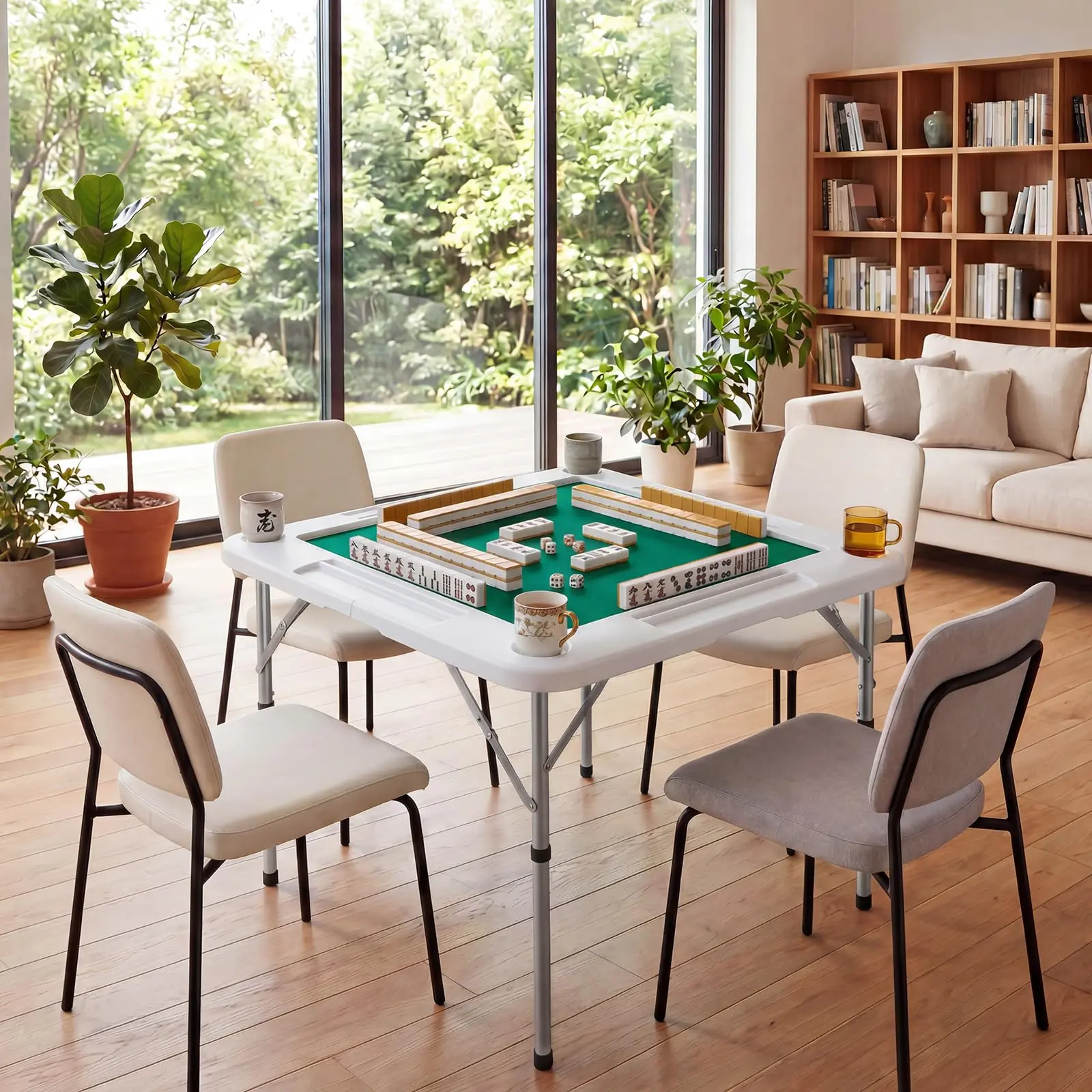 Folding Mahjong Table, 4 Cup Holders, HDPE/Felt, Tablecloth, for poker, domino, and card games
