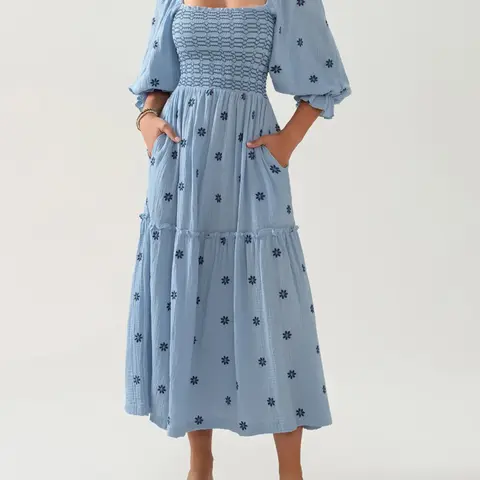 Women Bohemian Boho Floral Embroidery Aesthetic Dress Boho Style Dress Lantern Sleeve Square Neck Flower Embroidered Maxi Dress Flowy High Waist Loose Long Dress Casual Wear Summer