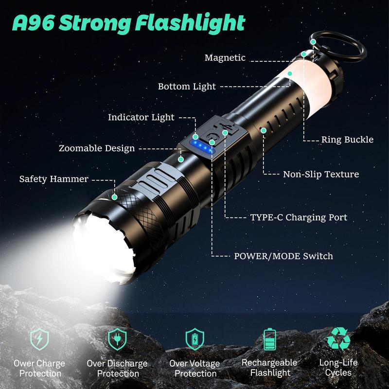 【Valentine's Day gift】 4 PCS Strong Flashlight Set for Family, Rechargeable, Waterproof, Camping Gadgets, Emergency Red&Blue Alarm Lights Household Essentials for Kids, Family Camping Essentials, House Warming Gifts New Home, for Garden, Garage