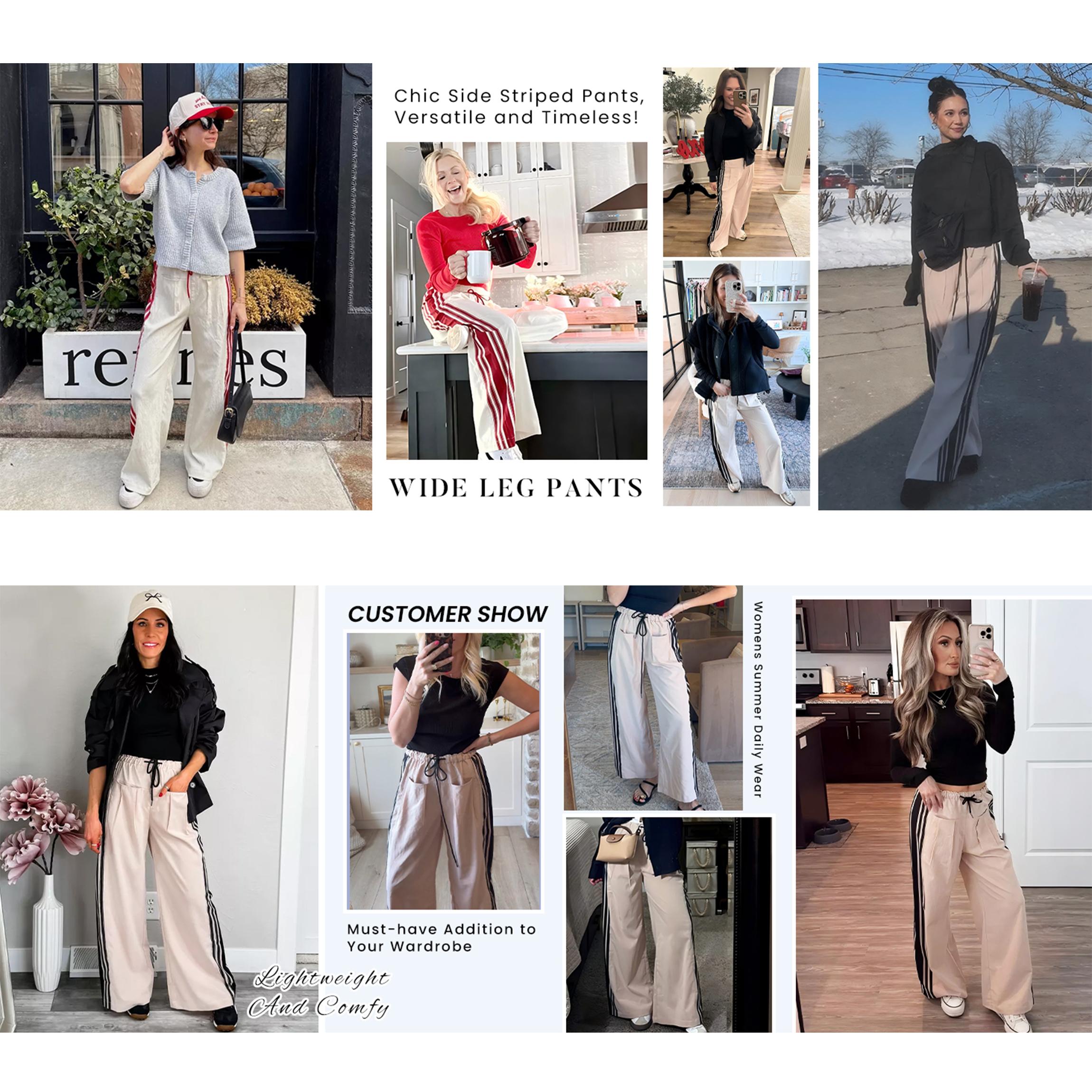 Buenoble Women's Wide Leg Side Stripe Pants Loose Fit High Waist Drawstring Track Pants Casual Streetwear Joggers