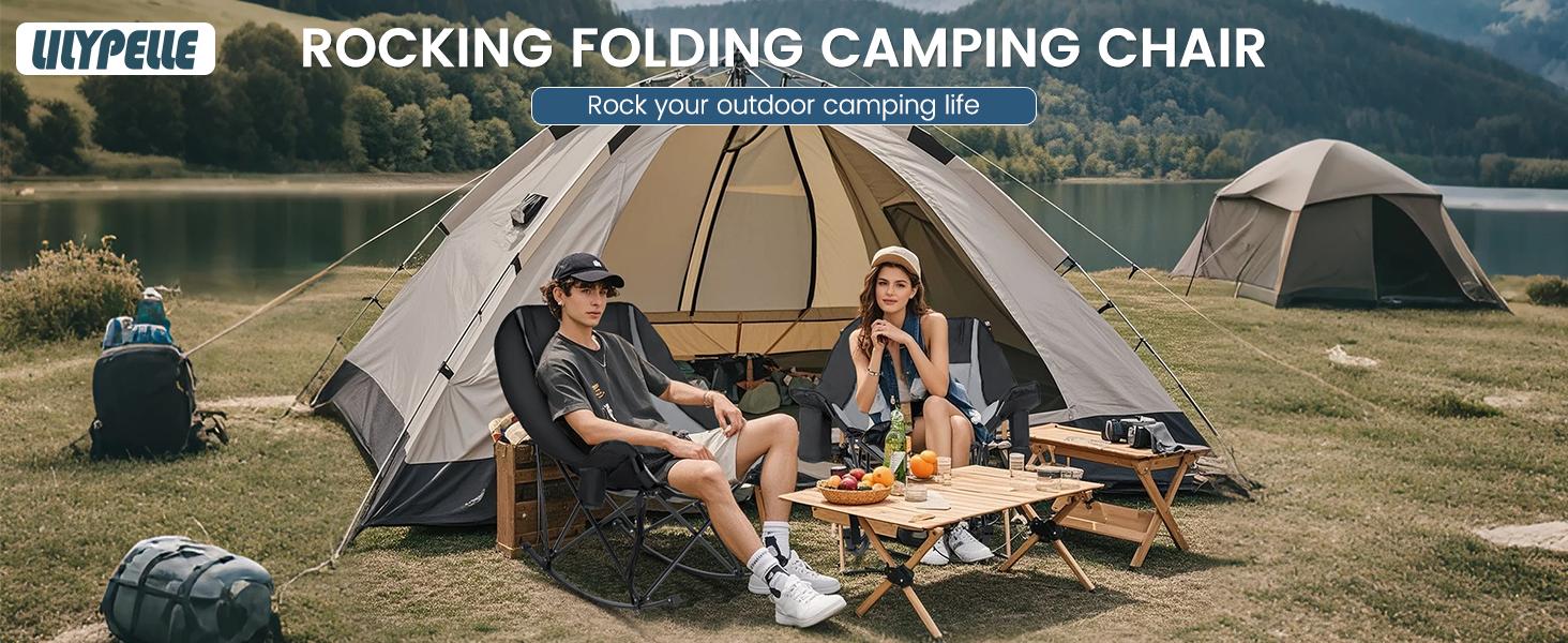 Lilypelle Oversized Rocking Chair for Camping & Patio – Fully Padded, High Back, Cup Holder, Cooler Bag – Heavy Duty Folding Recliner for Adults, 400lbs