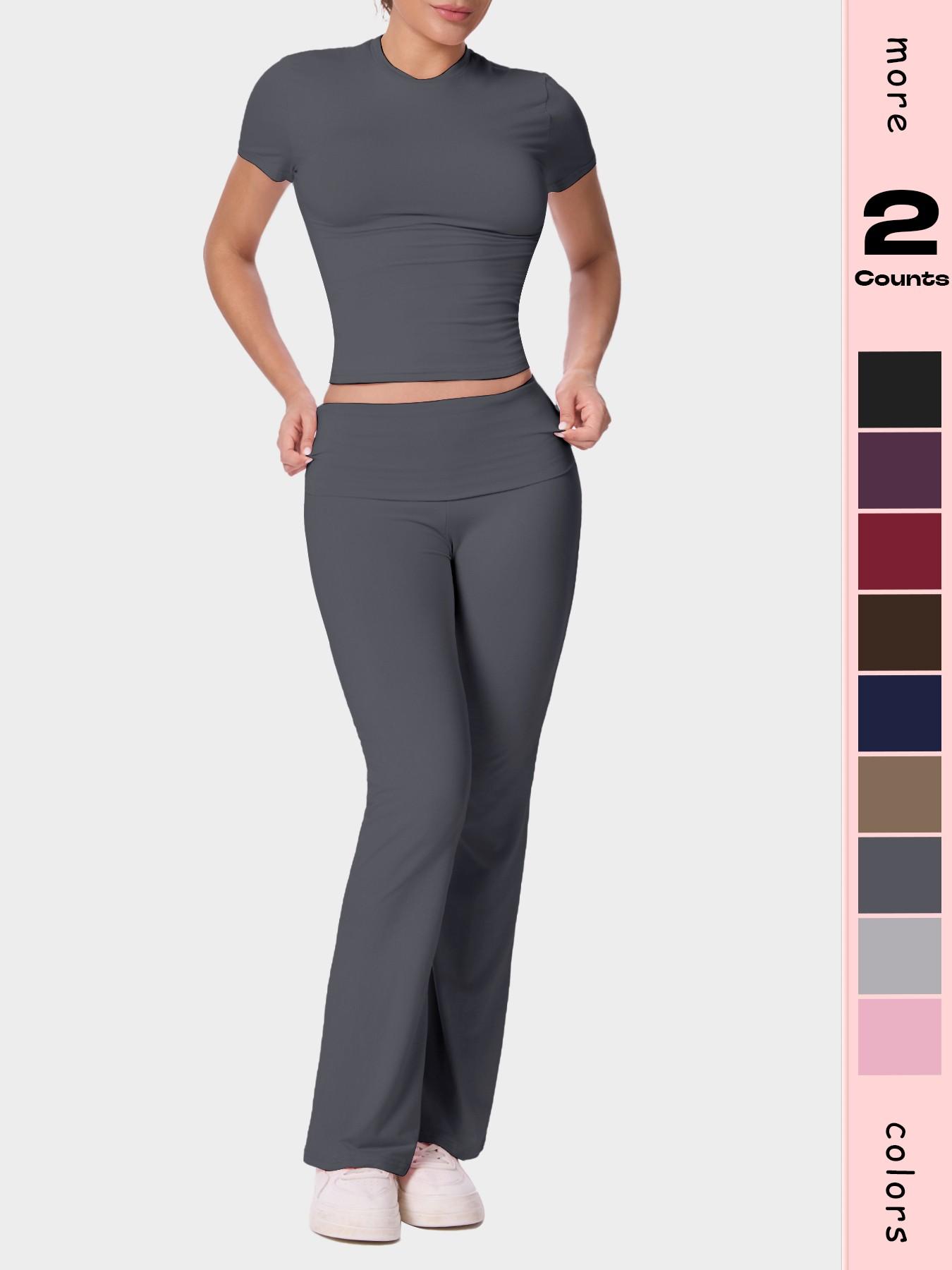 Women's Solid Color Short Sleeve Top & Flare Leg Pants Loungewear, Casual Comfy Two-piece Lounge Set, Ladies Loungewear for All Seasons, Pajama Set