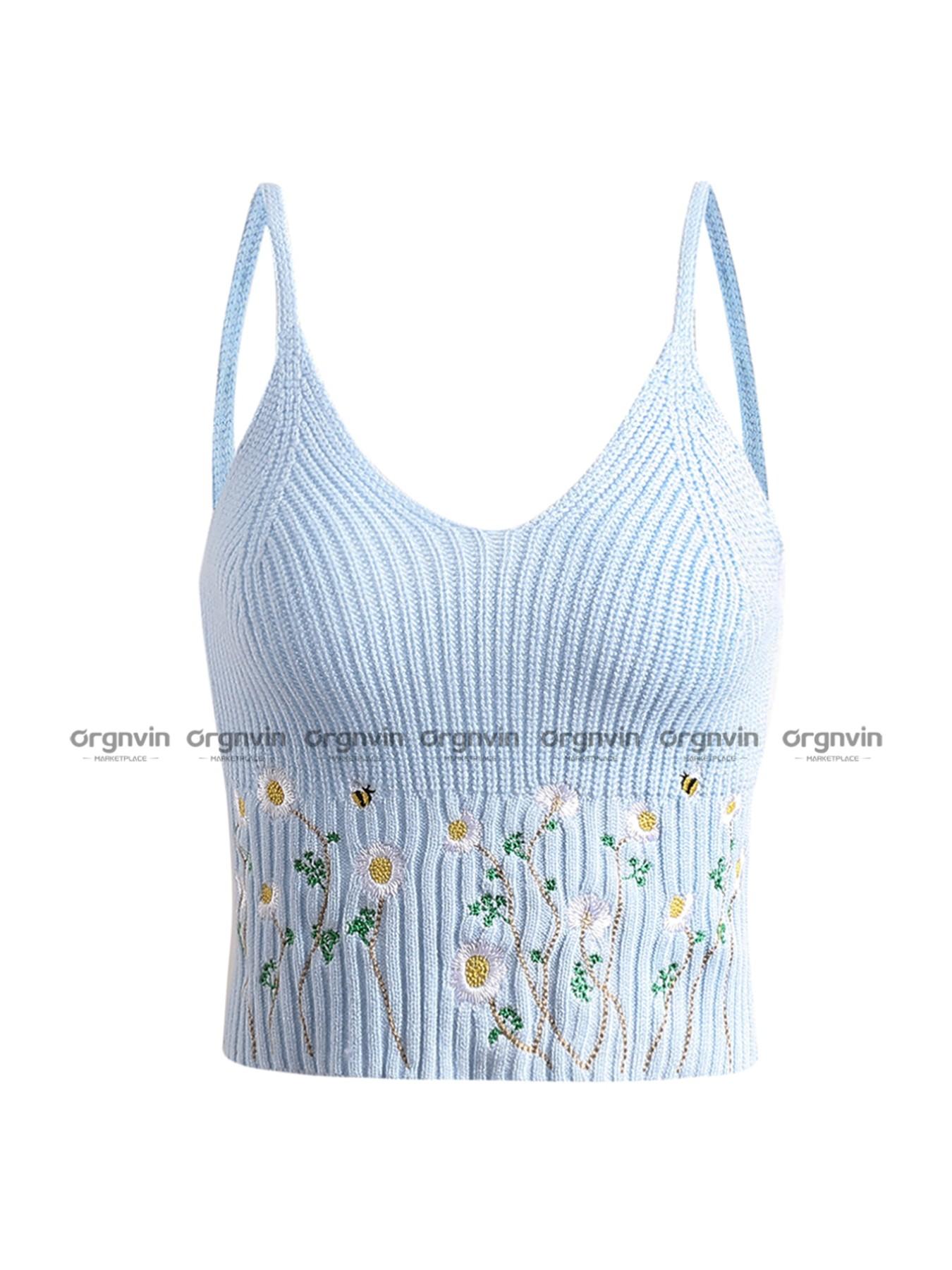 Women's Floral Embroidery Crop Sweater Vest, Boho Sleeveless Spaghetti Strap Knit Top for Daily Wear, Ladies Clothes for All Seasons, Floral Embroidery Cami