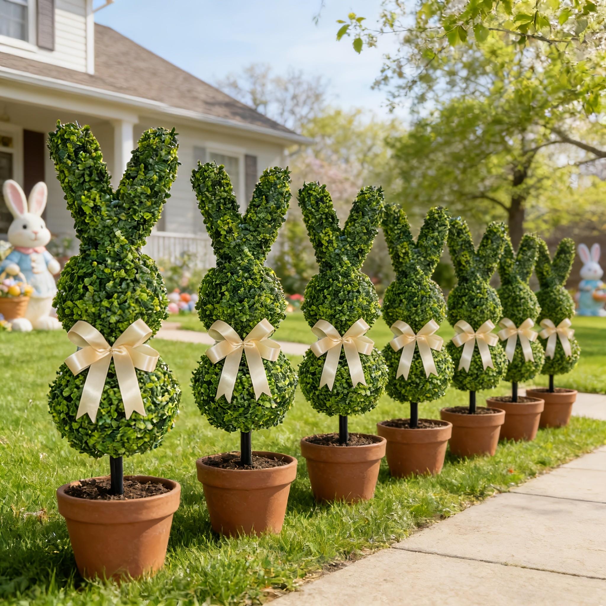 Artificial Easter Bunny Shaped Plastic Pruned Tree, Cute Rabbit Top Plant, Boxed Potted Plant for Home Garden Festive Decoration, Fake Indoor Plants