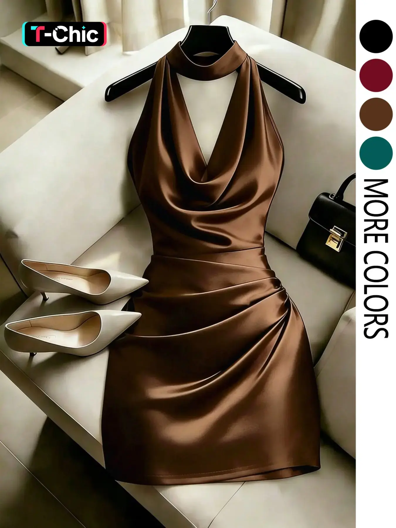 【Black Friday】Elegant New Cowl Neck Ruched Mini Dress, Sexy Chic Stylish Halter Neck Bodycon Dress for Parties