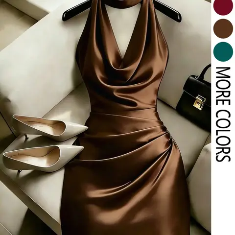 Elegant New Fashion Brown Draped Neck Dress, With Draped Neckline, Waist Pleats For Slim Fit, Sexy, Graceful, Chic, Stylish,  Bodycon Mini Dress