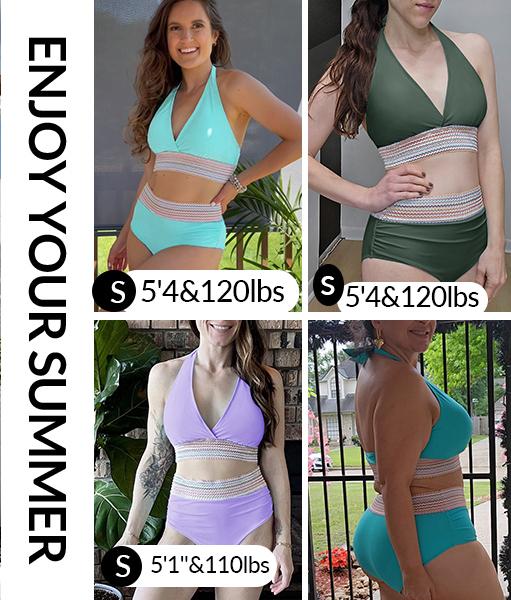 Yonique Women High Waisted Tummy Control Bikini Swimsuit  Halter Bikini Top Push Up Color Block Two Piece Bathing Suit