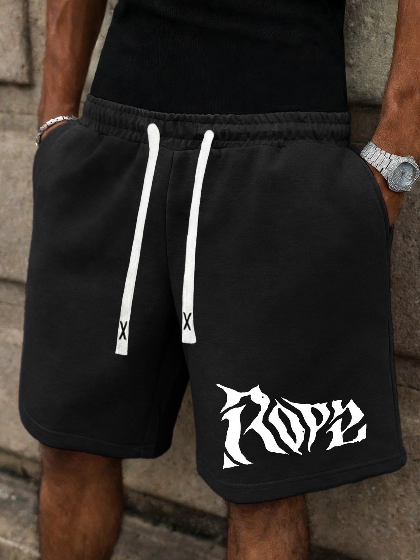 Men's Dark Metal Graphic Printed Shorts for Street Style, Casual Loose Fit Gym Shorts for All Seasons, Letter Print Shorts
