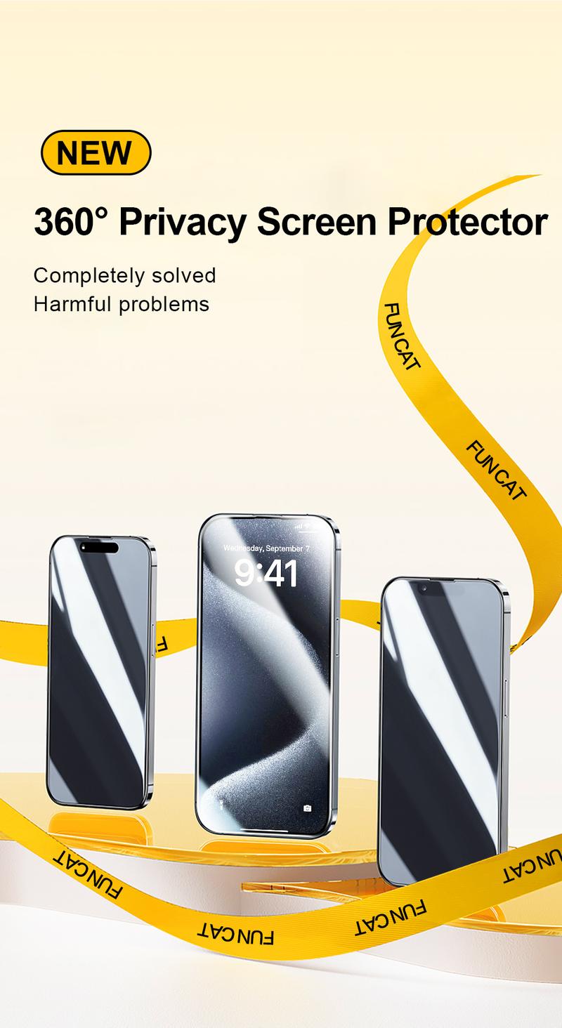 FUNCAT GLOBAL <2PCS> 360° Privacy Screen Protector [4 Sides Privacy]. 'ON SALE for NEW APPLE' Screen film for iPhone 16/15/14/13/12 [LEFT, RIGHT, UP, DOWN], Strong Protection, Anti-Spy, Electroplated Layer, (Headset Cover), Fingerprint-Proof.