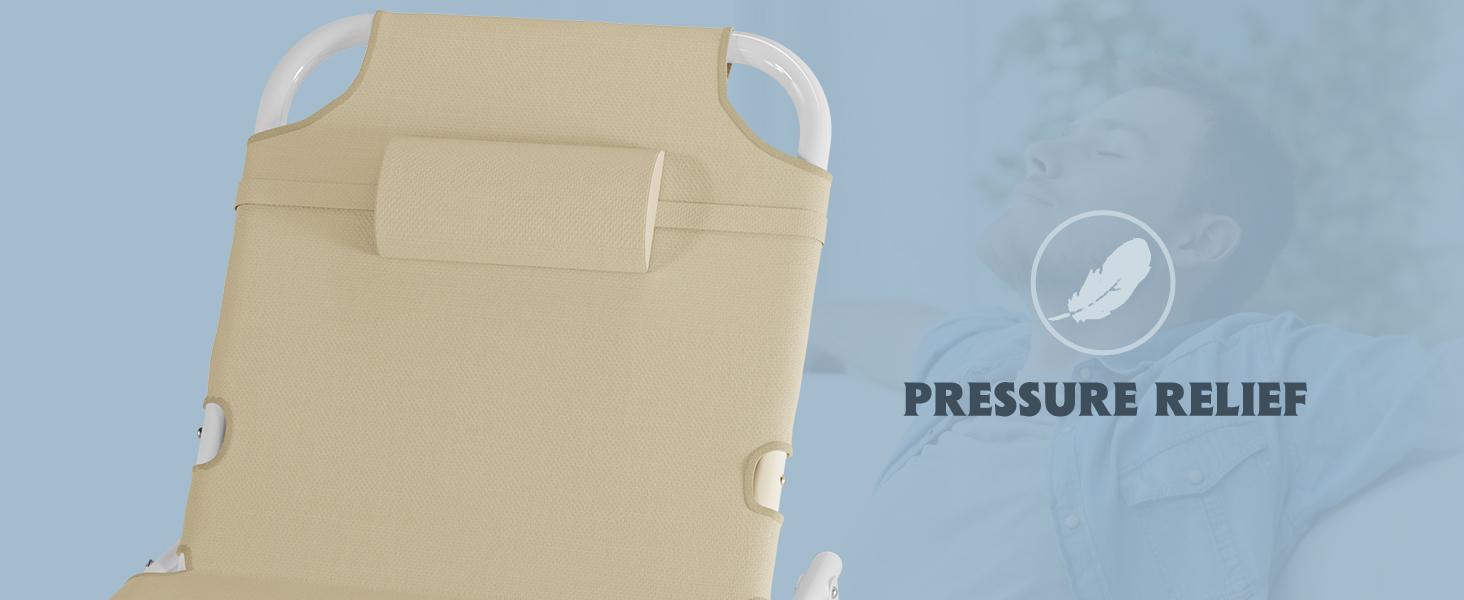 Lilypelle Sun Tanning Chair, Adjustable 5-Position Folding Beach Lounger with Face Arm Hole, Removable Cushion & Pillow, Side Pocket, Carry Handle, Outside Sunbathing Lounge Chair for Patio, Poolside, Lawn