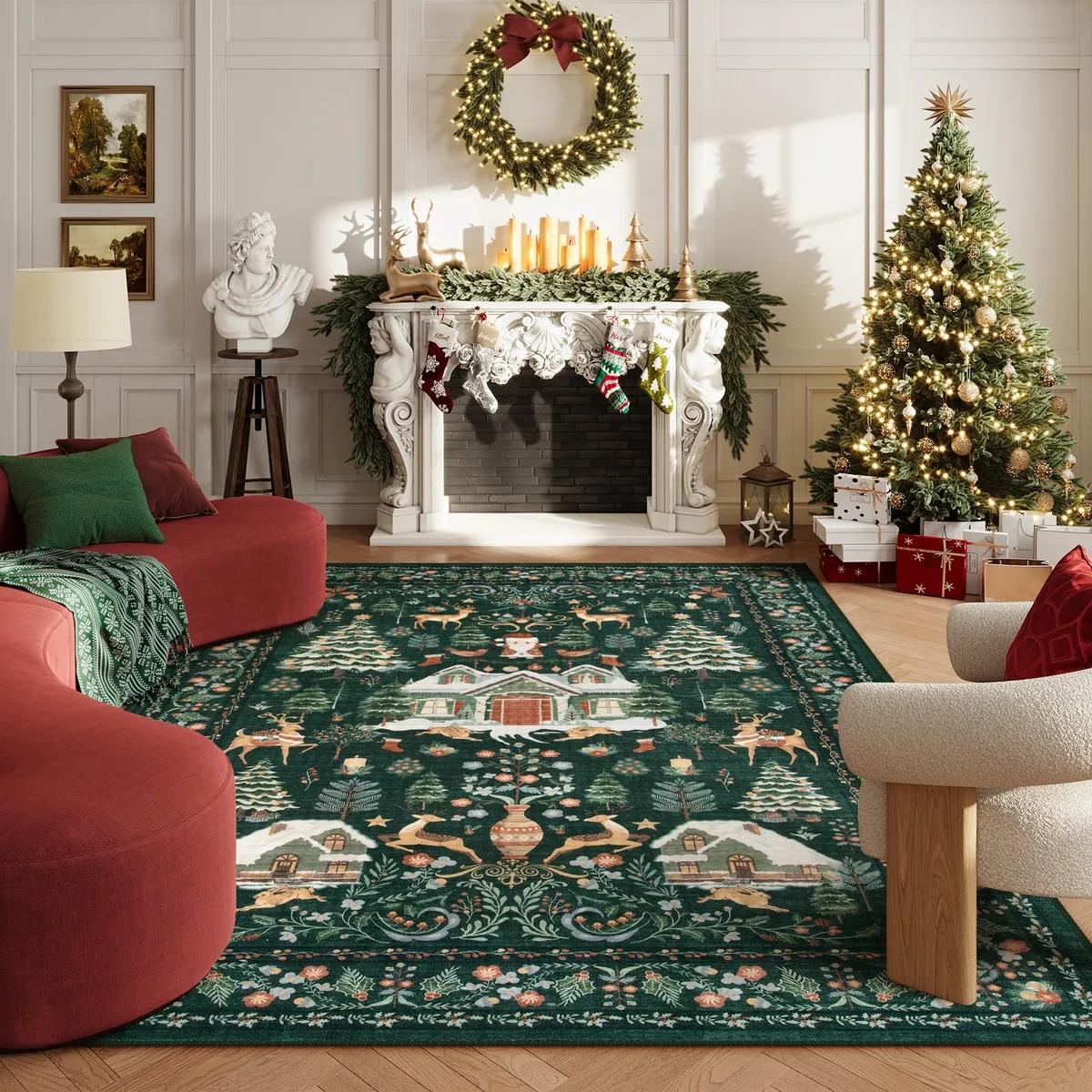 Vintage Christmas Living Room Carpet, Non-Slip Soft Rug, Home Decorative Rug, Festive Home Decor Gift, Ideal for Dining Room Office Bedroom