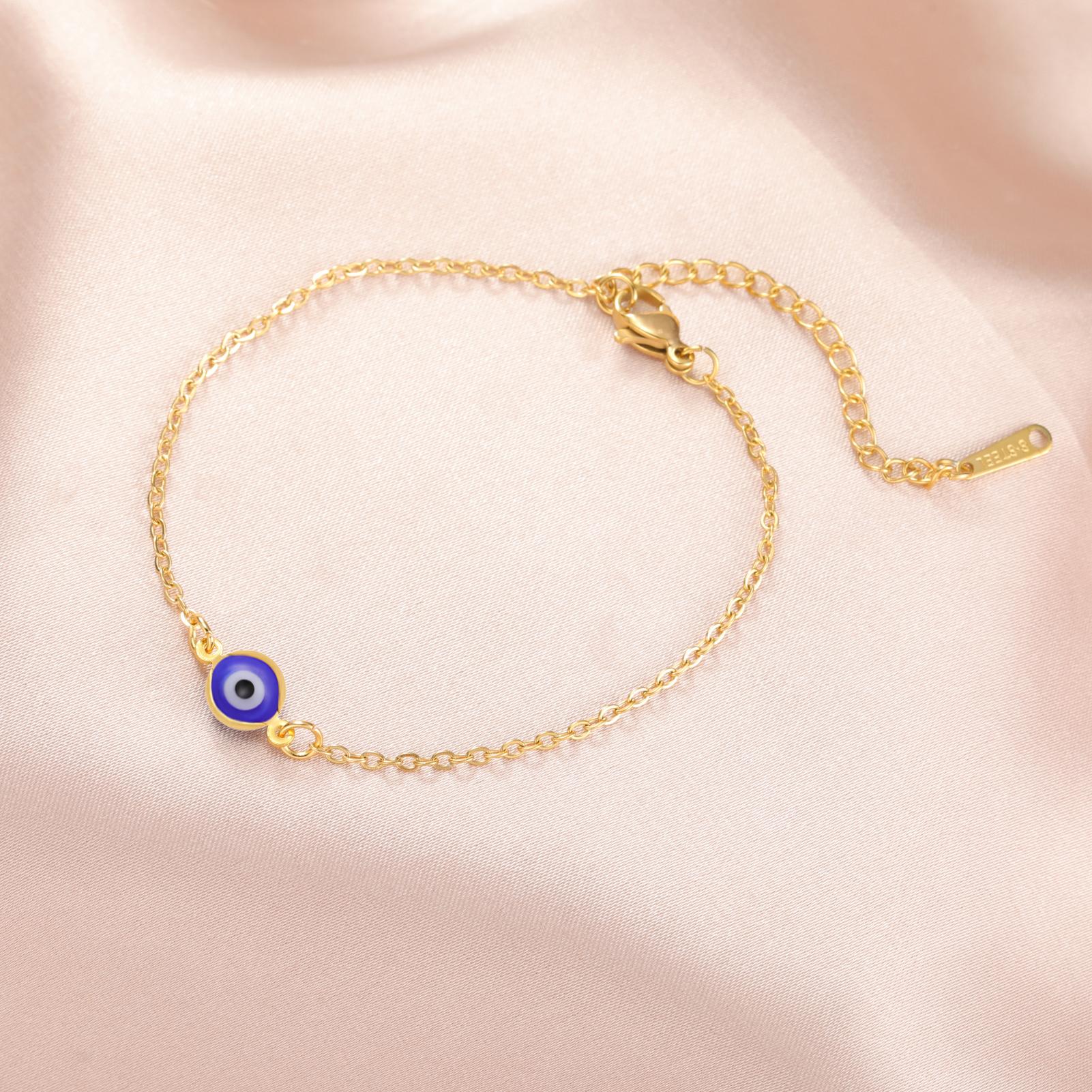 Lucky Tone Stainless Steel Turkish Evil Eye Bracelet Ladies Flat Blue Evil Eye Lucky Chain Charm Bracelet Jewelry Paper Cup Gift