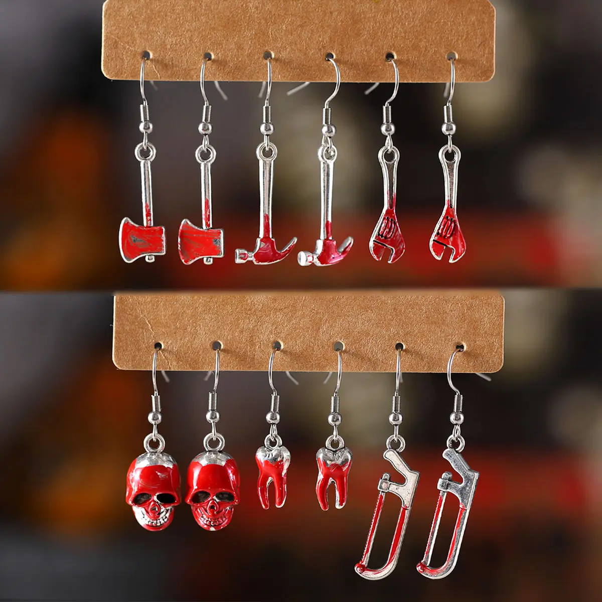 3-Pairs Personalized Halloween Horrible Earrings Chic Dark Horror Bloody Skull Axe Saw Teeth Hammer Earrings Retro Women Party Earrings Gift Versatile Daily Wear & Party Jewelry