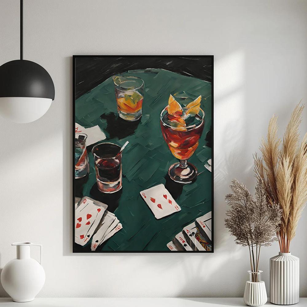 1pc Frameless Poker Wall Art Decor - Modern Classic Art Deco Canvas Print, Vibrant Whiskey & Cocktail Glasses with Playing Cards Design, Vertical Home Decor for Living Room, Bedroom, Office, Dorm - Spring Summer Aesthetic Gift
