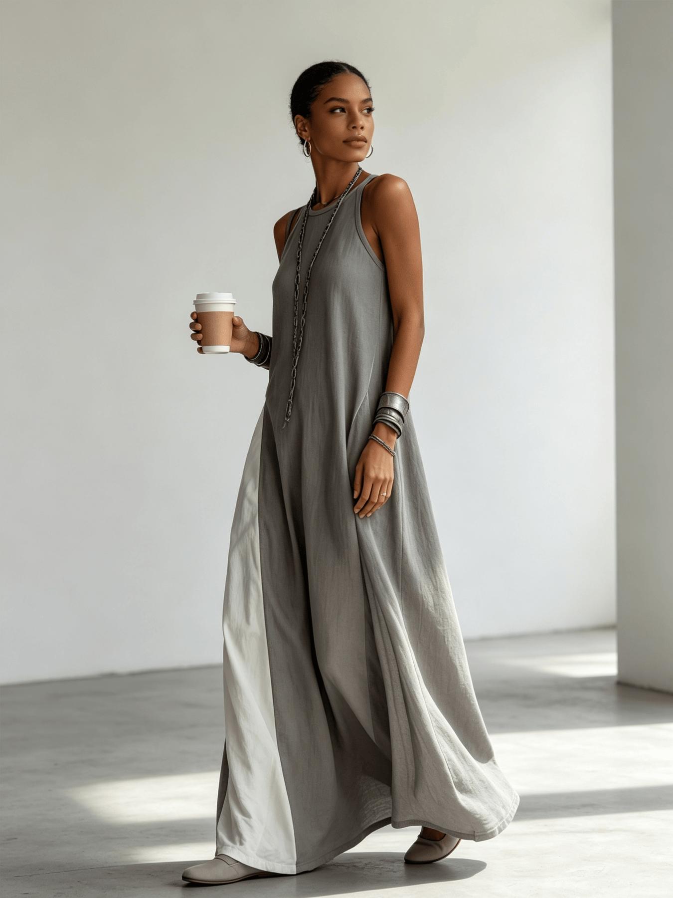 A relaxed, casual boho women's color-blocking dress, Boho Fashion beach sundress, with sleeveless vest, draping and flesh-concealing long skirt, suitable for summer, beach vacation, dating