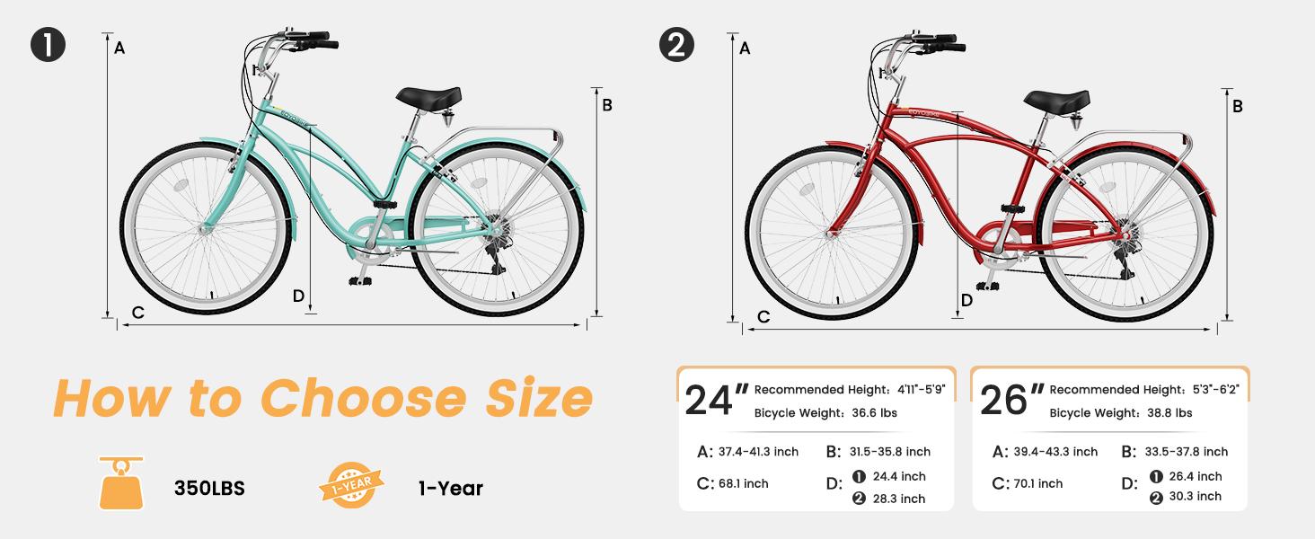 EOYOBIKE Beach Cruiser Bike for Women and Men, 24/26 Inch 7-Speed Adult Bicycle, Comfortable Step-Through Frame with Rear Rack, Classic City Cruiser
