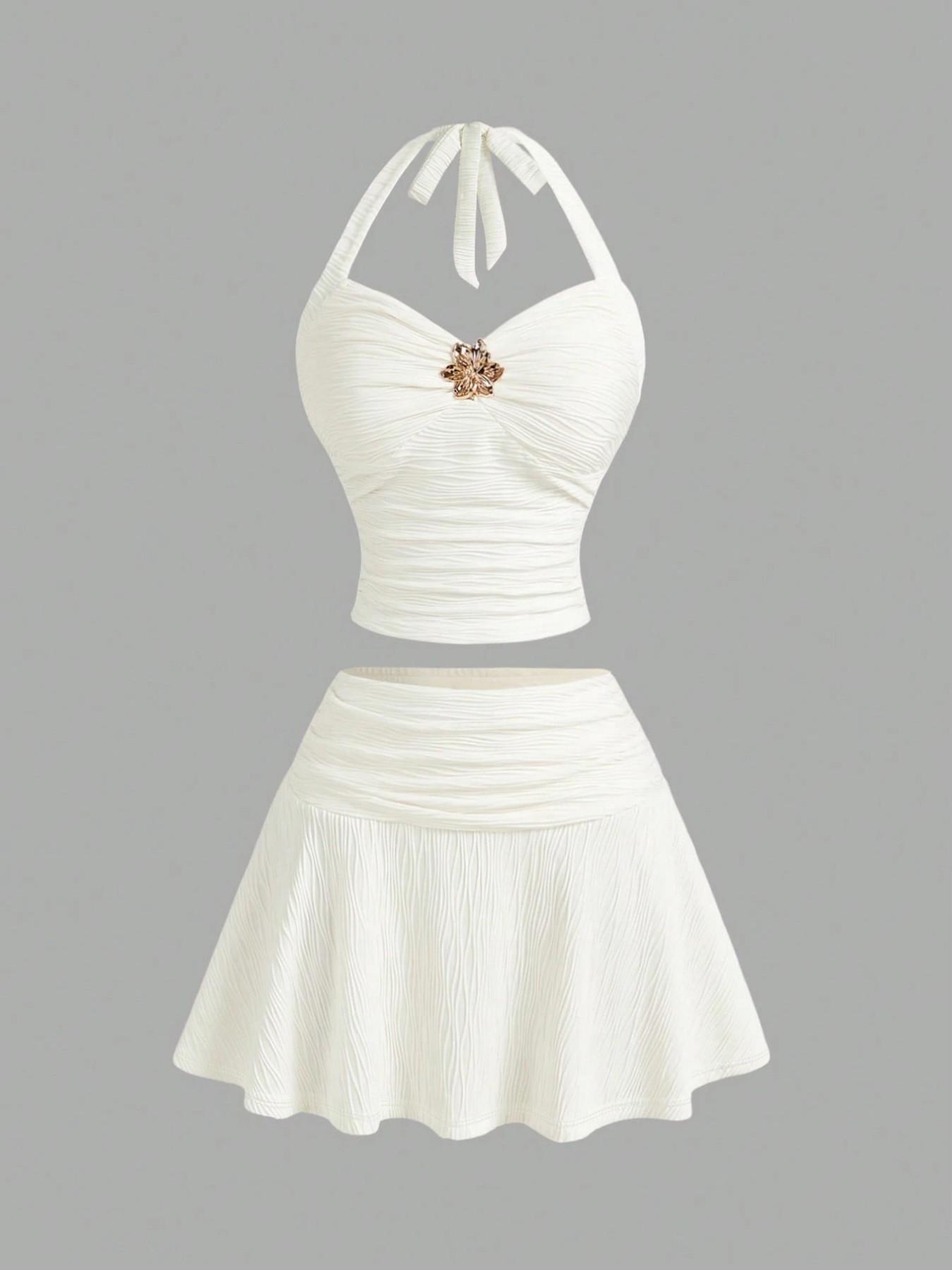 Women's Spring Summer Fashion Comfort Elegant Sexy Floral Decorated Halter Top and Wave Pattern Skirt Set