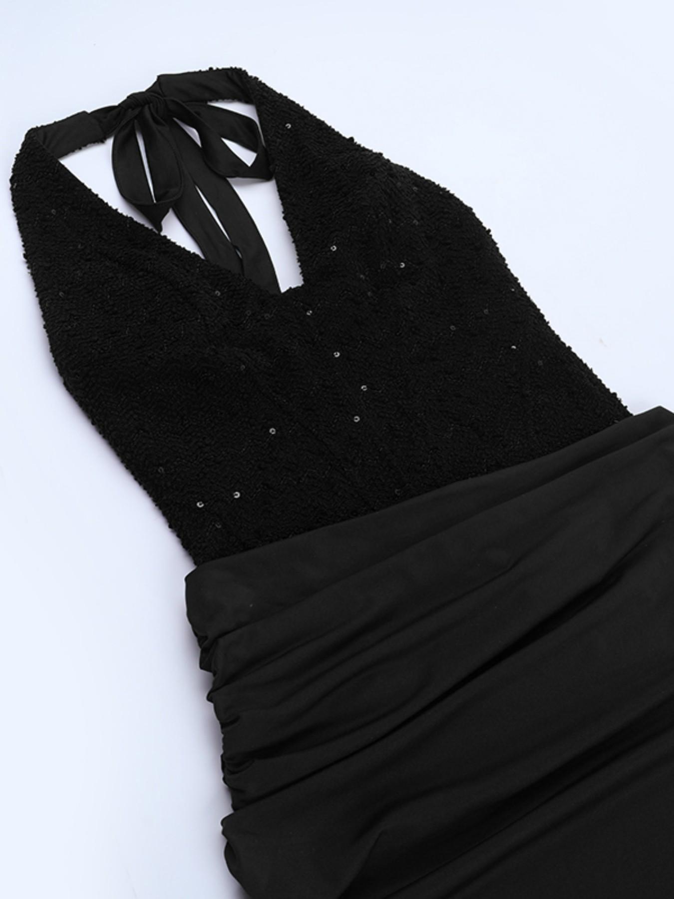 Shimmering Knitted Halter Neck Dress, Patchwork Design, Elegant One-Piece, Perfect for Parties and Special Occasions