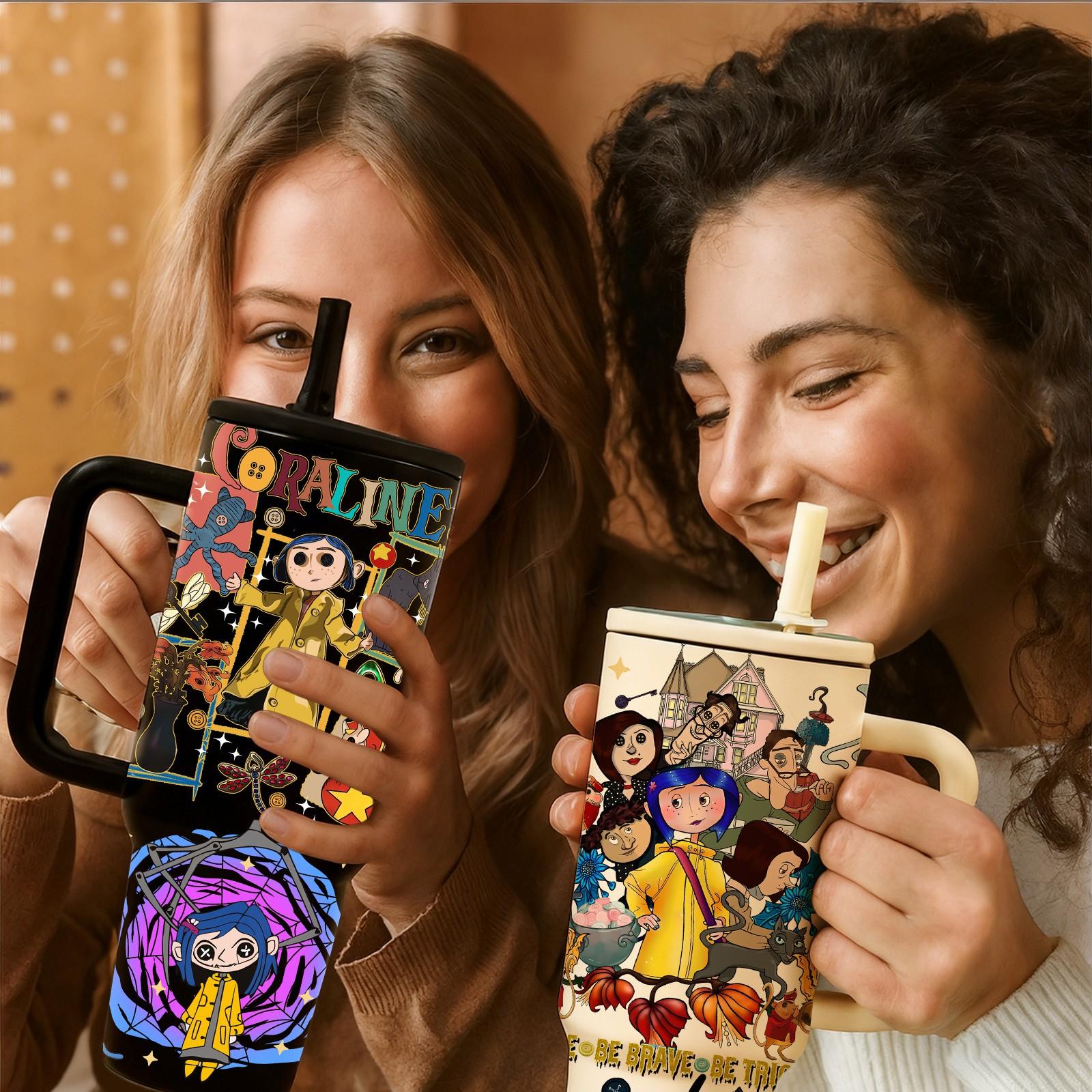 40oz insulated mug, Coraline dark fairy tale print, double wall vacuum stainless steel, straw lid with handle, leak proof, keeps hot 12h cold 24h, movie fan gift, daily use, Insulated Cup